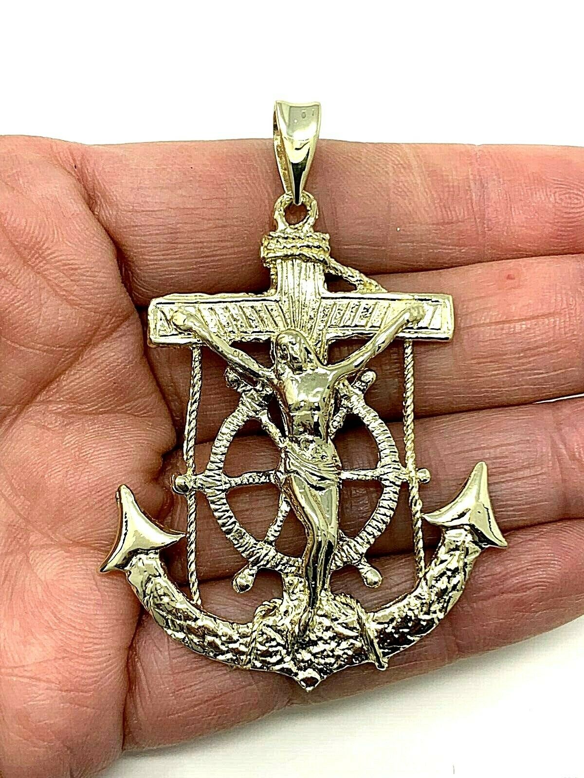 10k Yellow Gold Jesus Crucifix Anchor Wheel Cross Mariner Pendant 2.4" 14 grams
