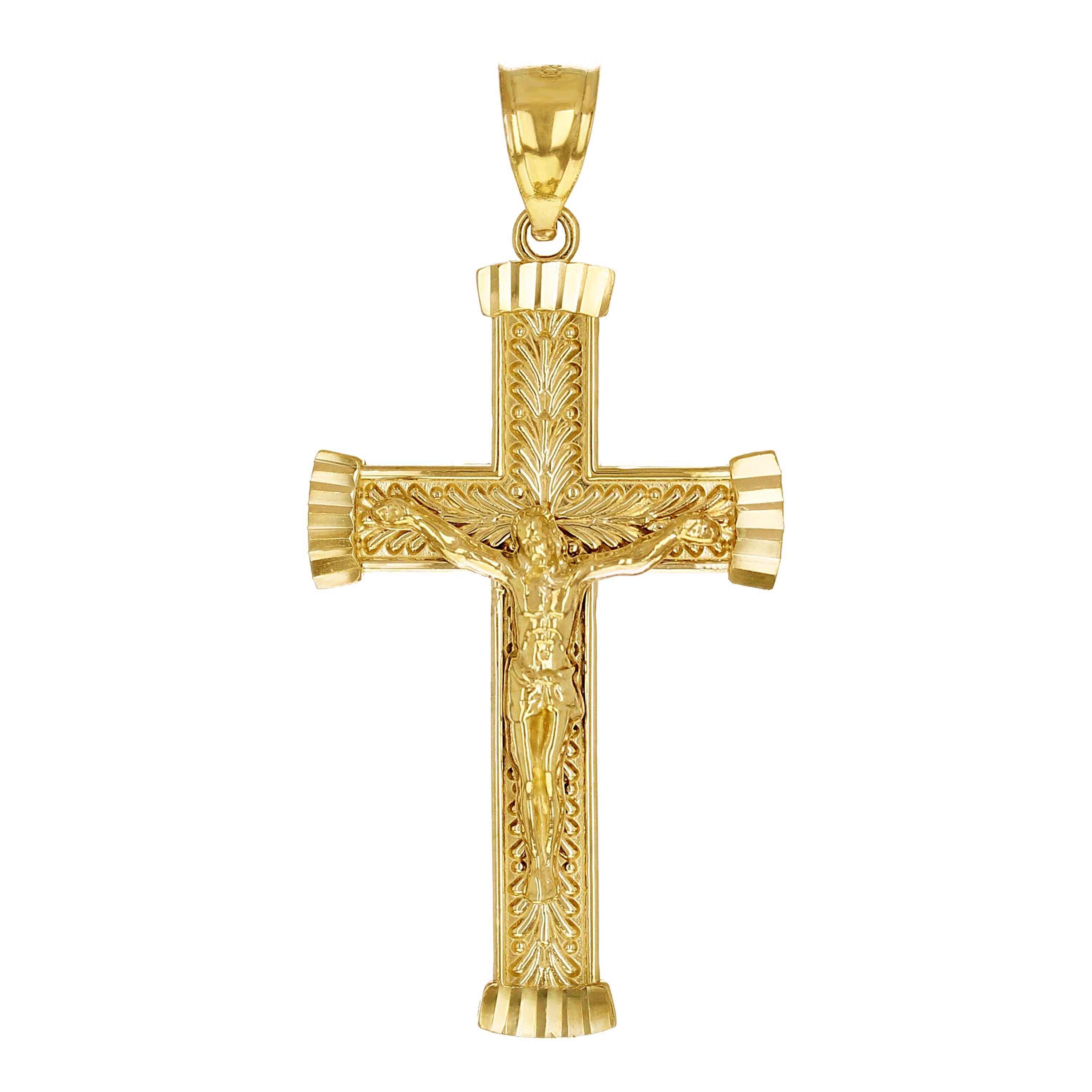 14k Yellow Gold Diamond Cut Leaf Pattern Jesus Cross Crucifix Pendant 1.9" 4.1g