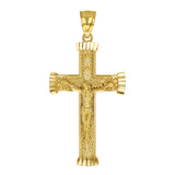 14k Yellow Gold Diamond Cut Leaf Pattern Jesus Cross Crucifix Pendant 1.9" 4.1g