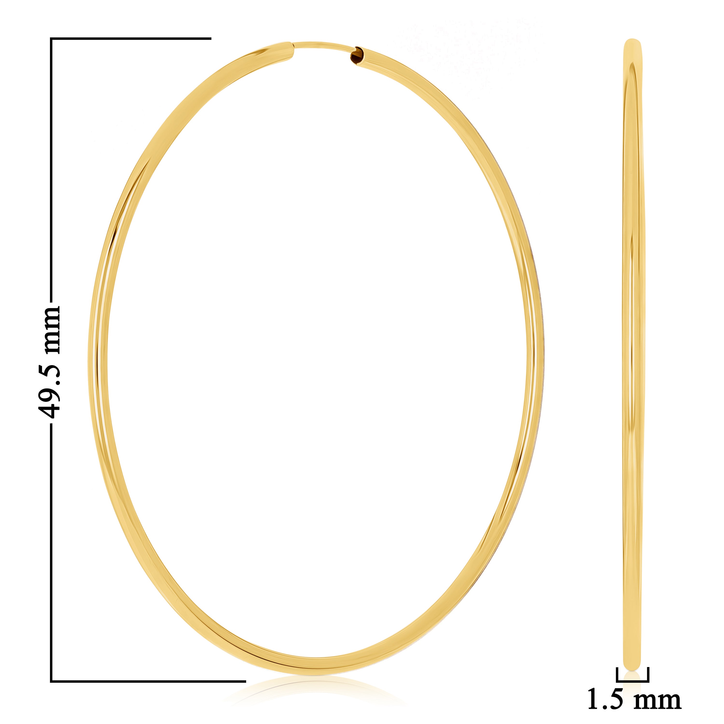 Italian 14k Yellow Gold High Polish Round Endless Hoop Earrings 1.9" 1.5mm 1.7g