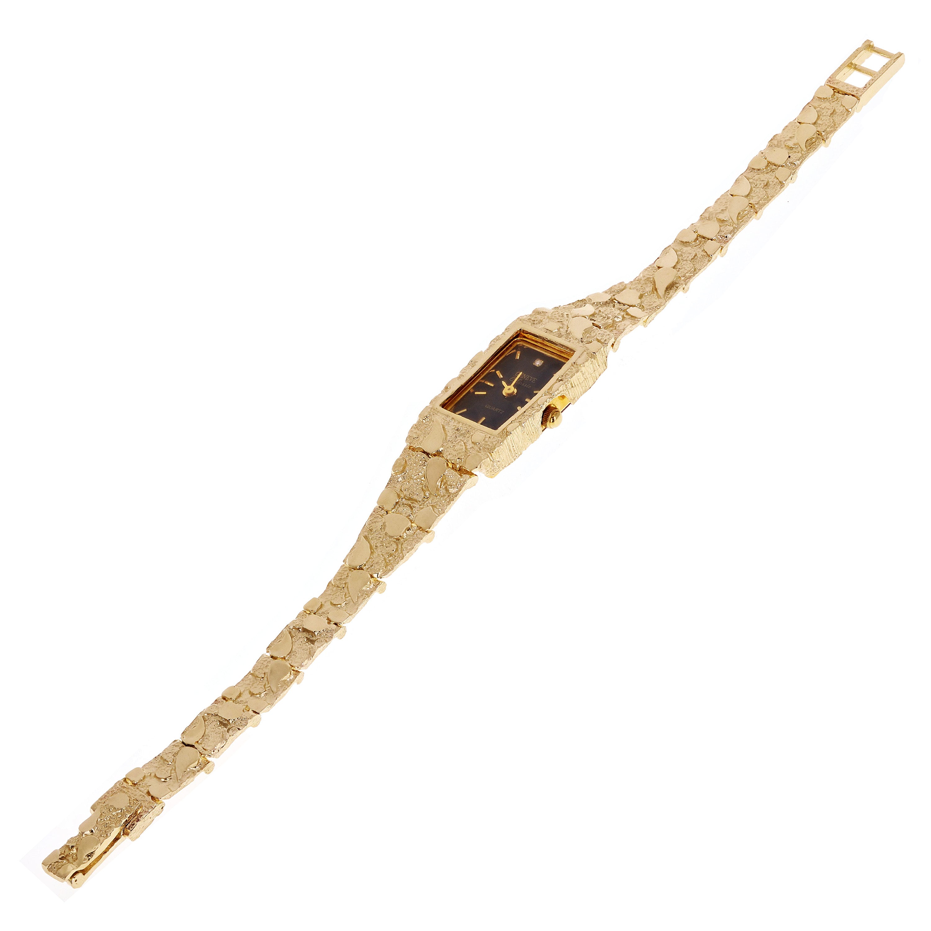 Women's 14k Yellow Gold Nugget Link Bracelet Geneve Wrist Watch with Diamond 8"