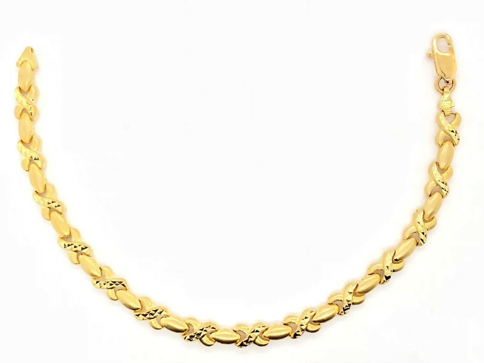 14k Yellow Gold Satin & Diamond Cut Link Hugs & Kisses XOXO Bracelet 7.25" 5.3mm