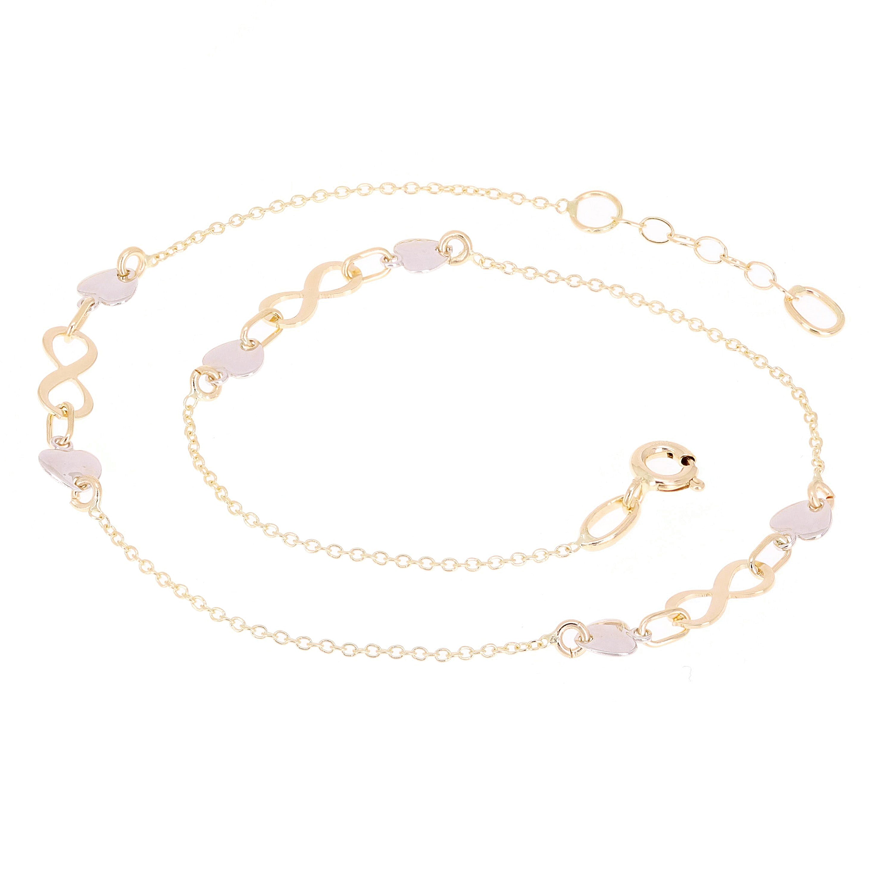 Italian 14k Two Tone Gold Infinity & Heart Link Anklet Bracelet 10" 2 grams