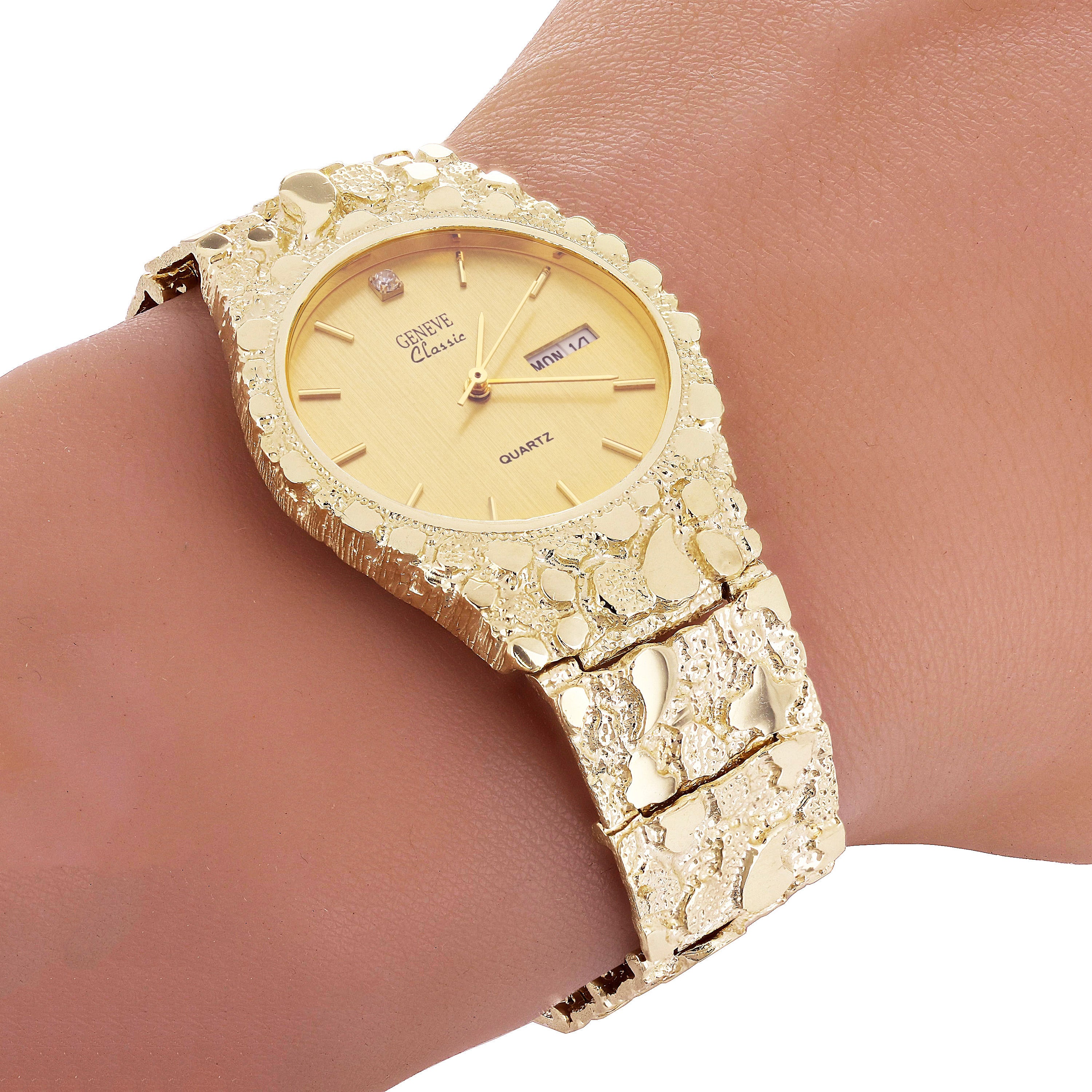 10k Yellow Gold Nugget Link Geneve with Diamond Watch Straight Band 7.5-8" 66.5g
