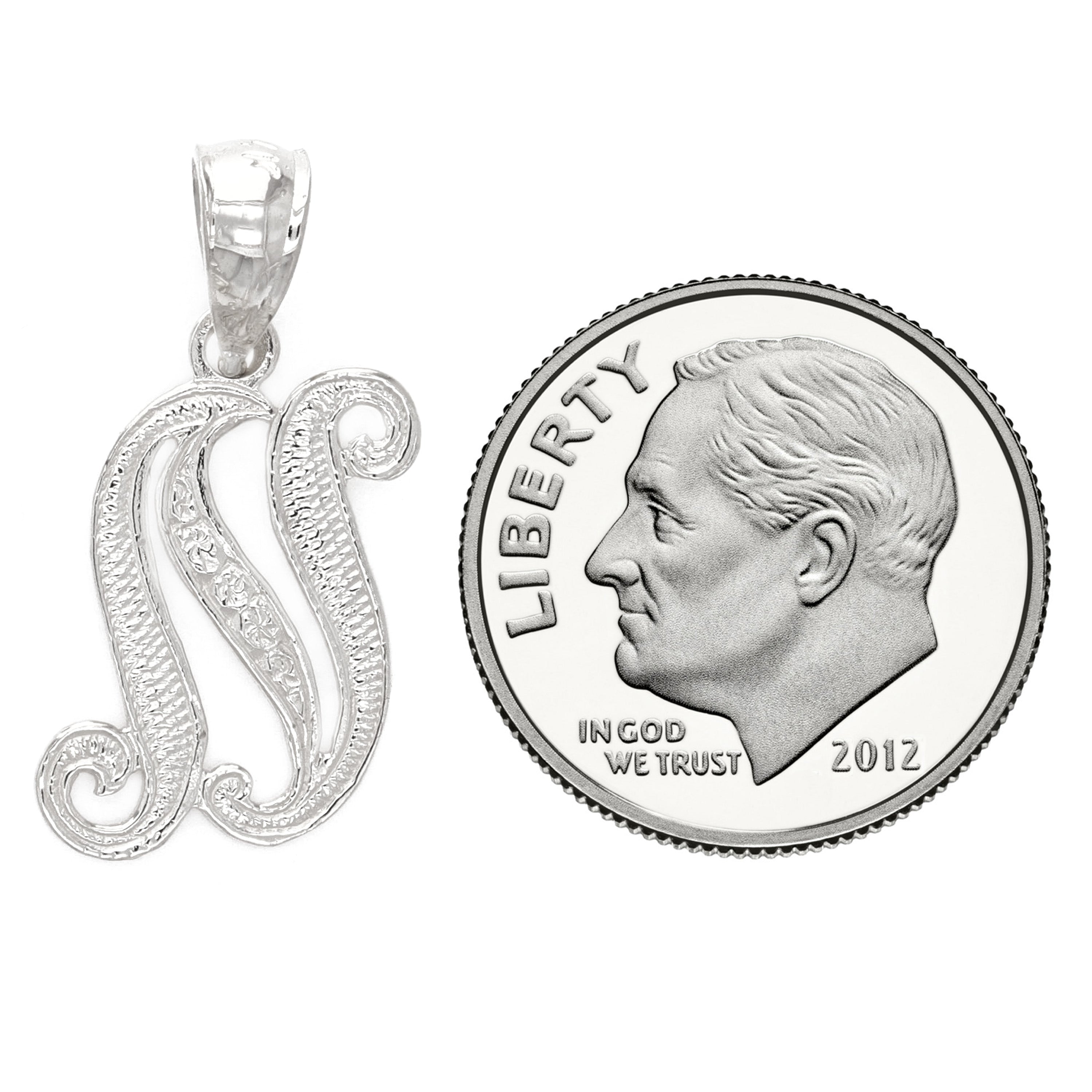 14k White Gold Initial Letter N Alphabet Charm Pendant - Letter N,White