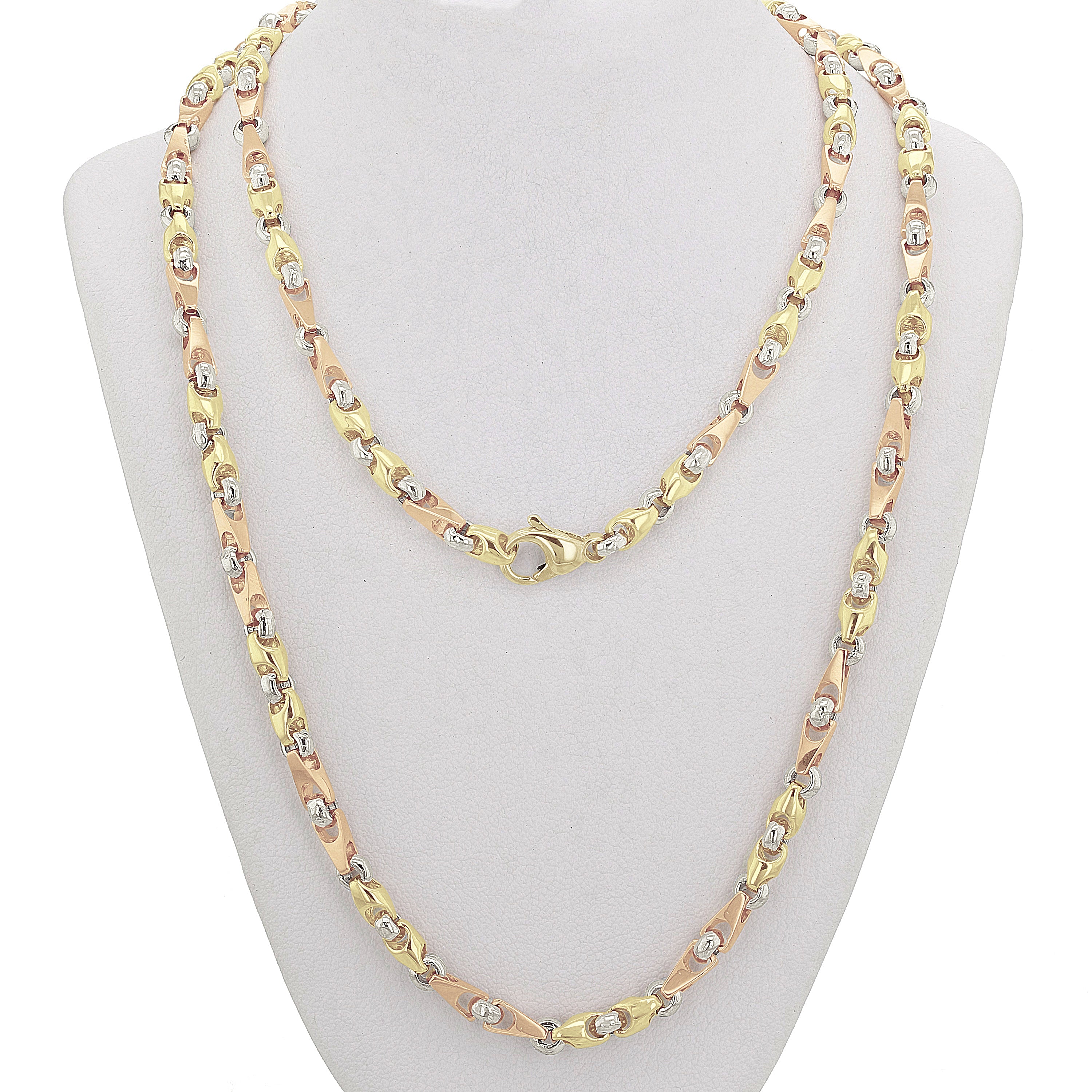 Men's Solid 10k Tri Color Gold Handmade Fashion Link Necklace 30" 5mm 56.5 grams - Tri-Color,30"