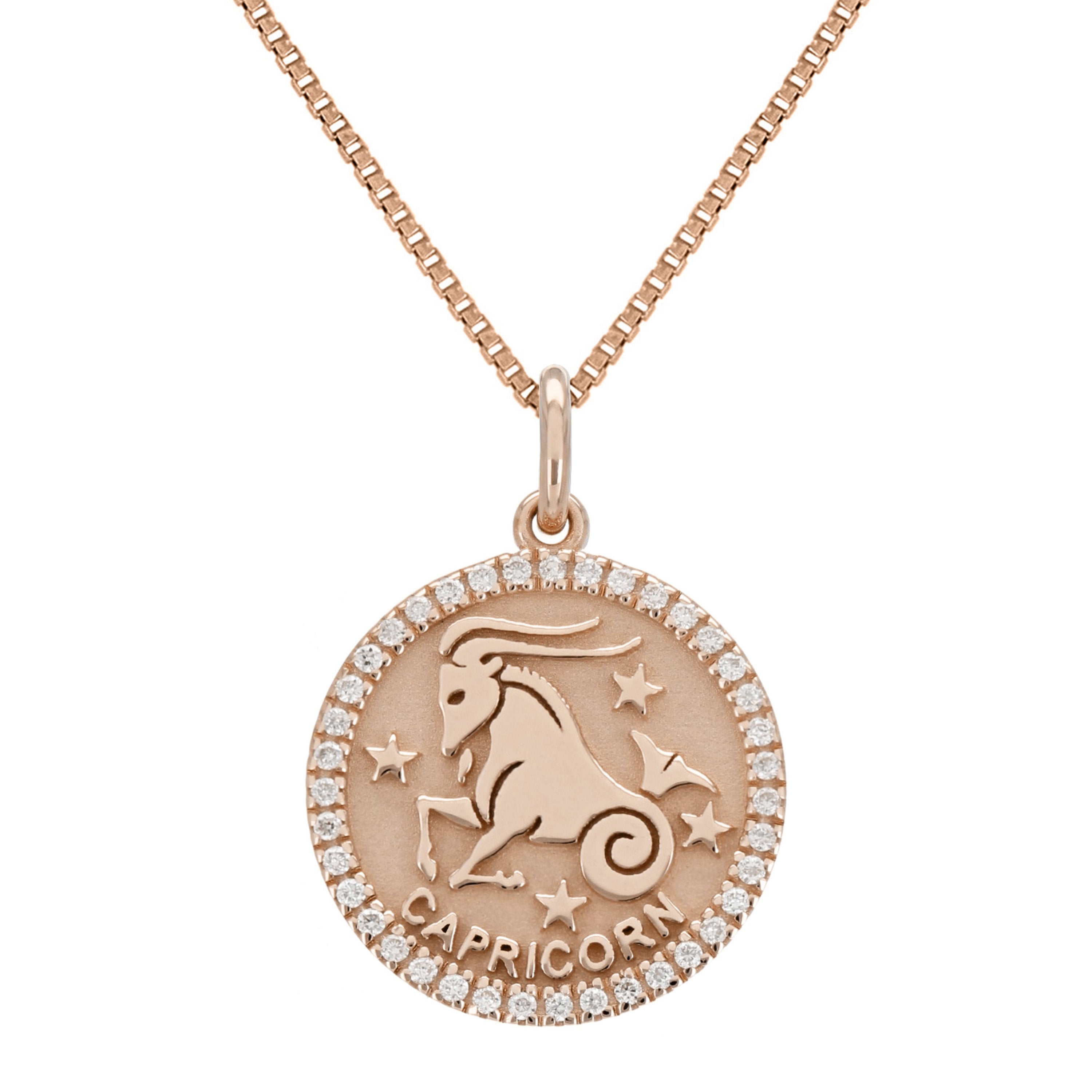 14k Rose Gold  Diamond Zodiac Sign Capricorn Pendant Necklace 18" - Capricorn,Rose