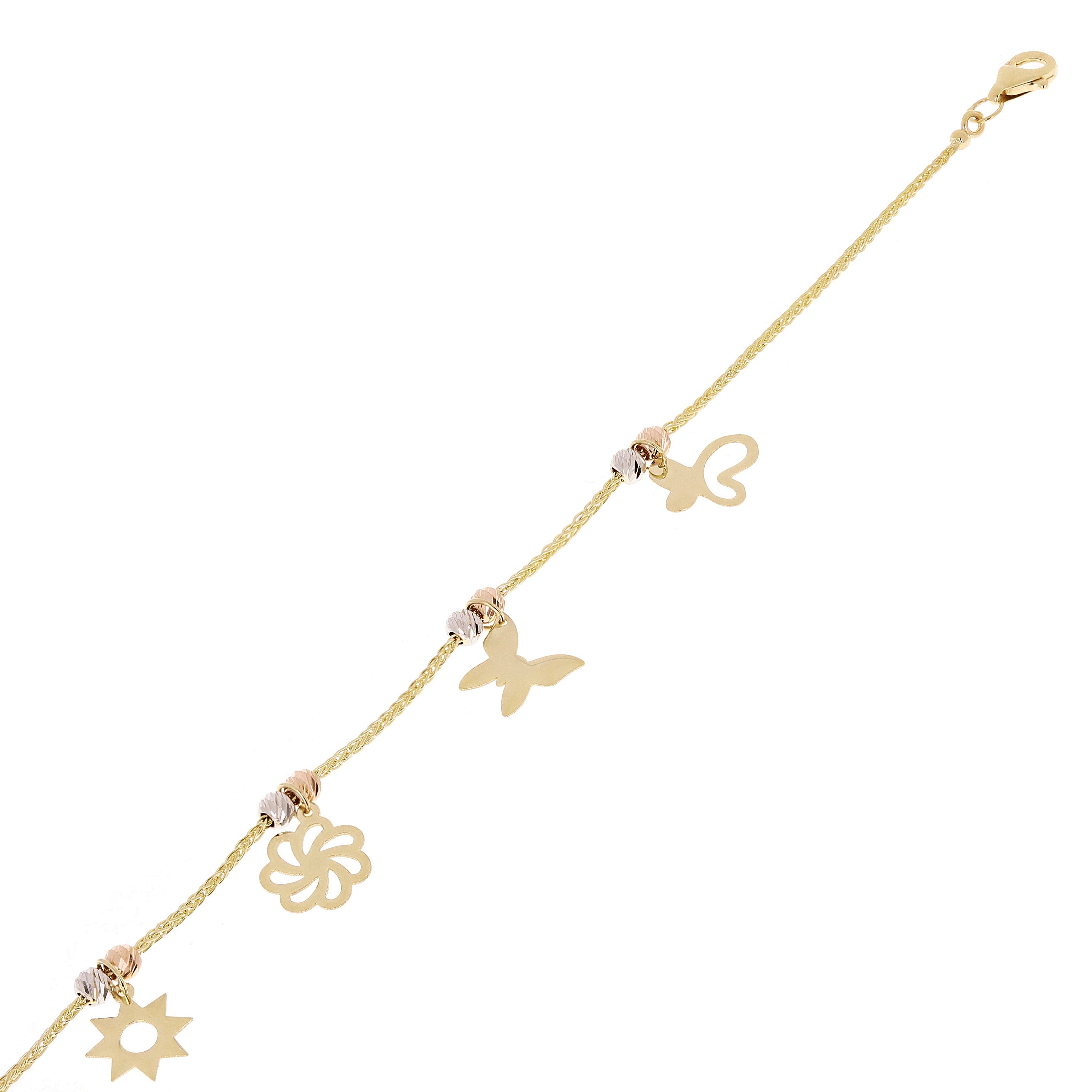 Italian 14k Tri Color Gold Flower Sun Butterfly Charm Bracelet 7" 2.8 grams