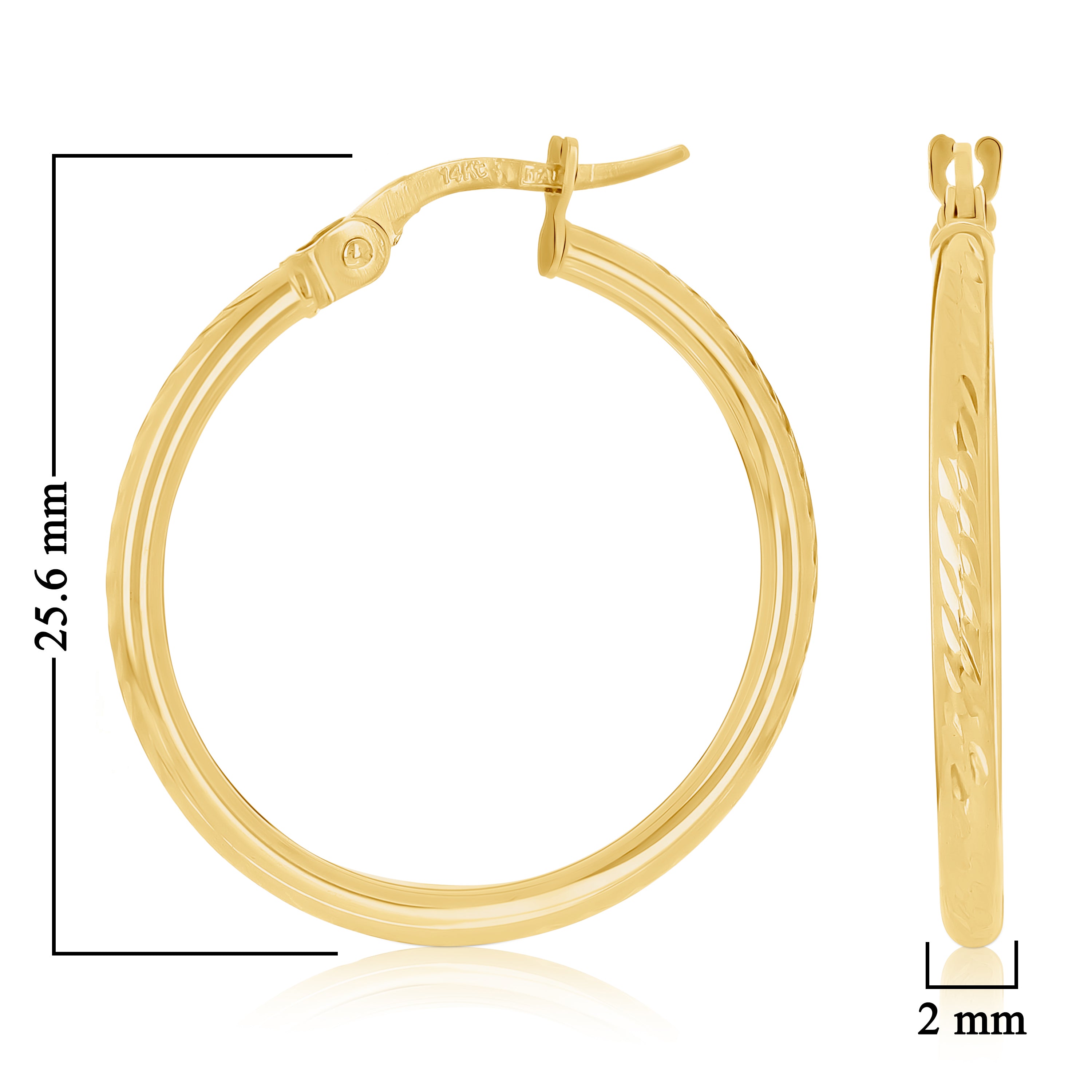 Italian 14k Yellow Gold Diamond Cut Round Hoop Earrings 1" 2mm 1.3 grams