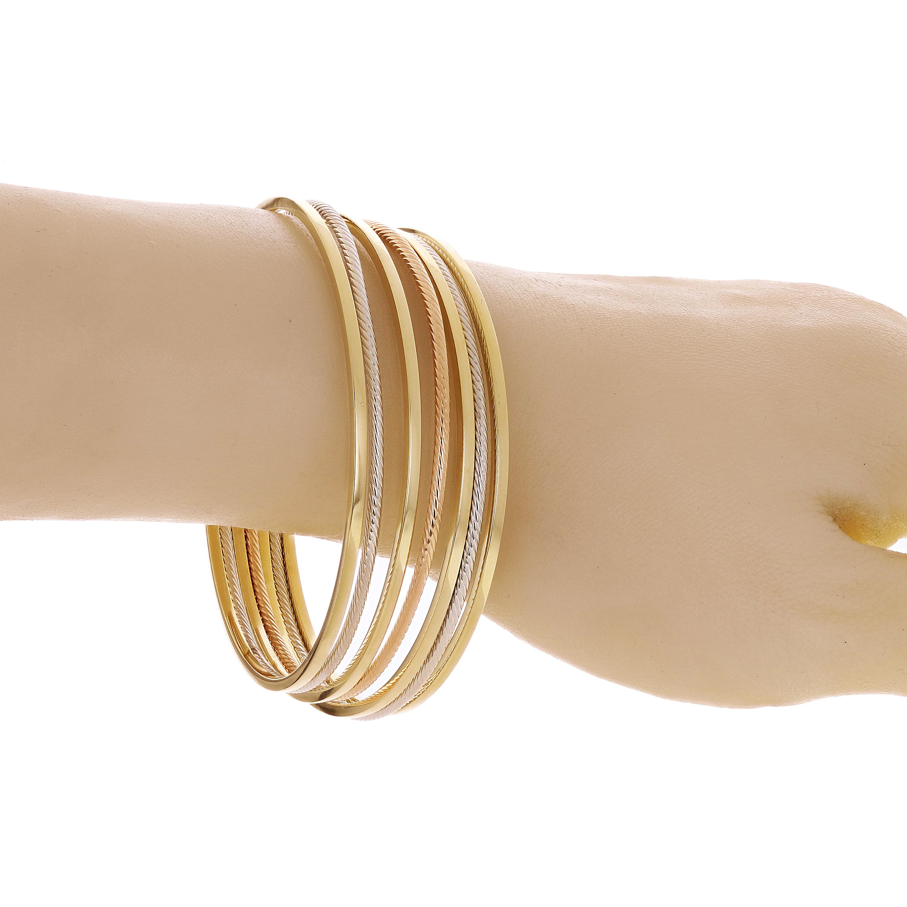 Italian 14k Tri-Color Gold Slip-on Set of 7 Textured 7 Day Bangle Bracelet 8" 14 grams