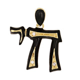 14k Yellow Gold Black Enamel Hebrew Jewish Chai Symbol Life Diamond Pendant - Black