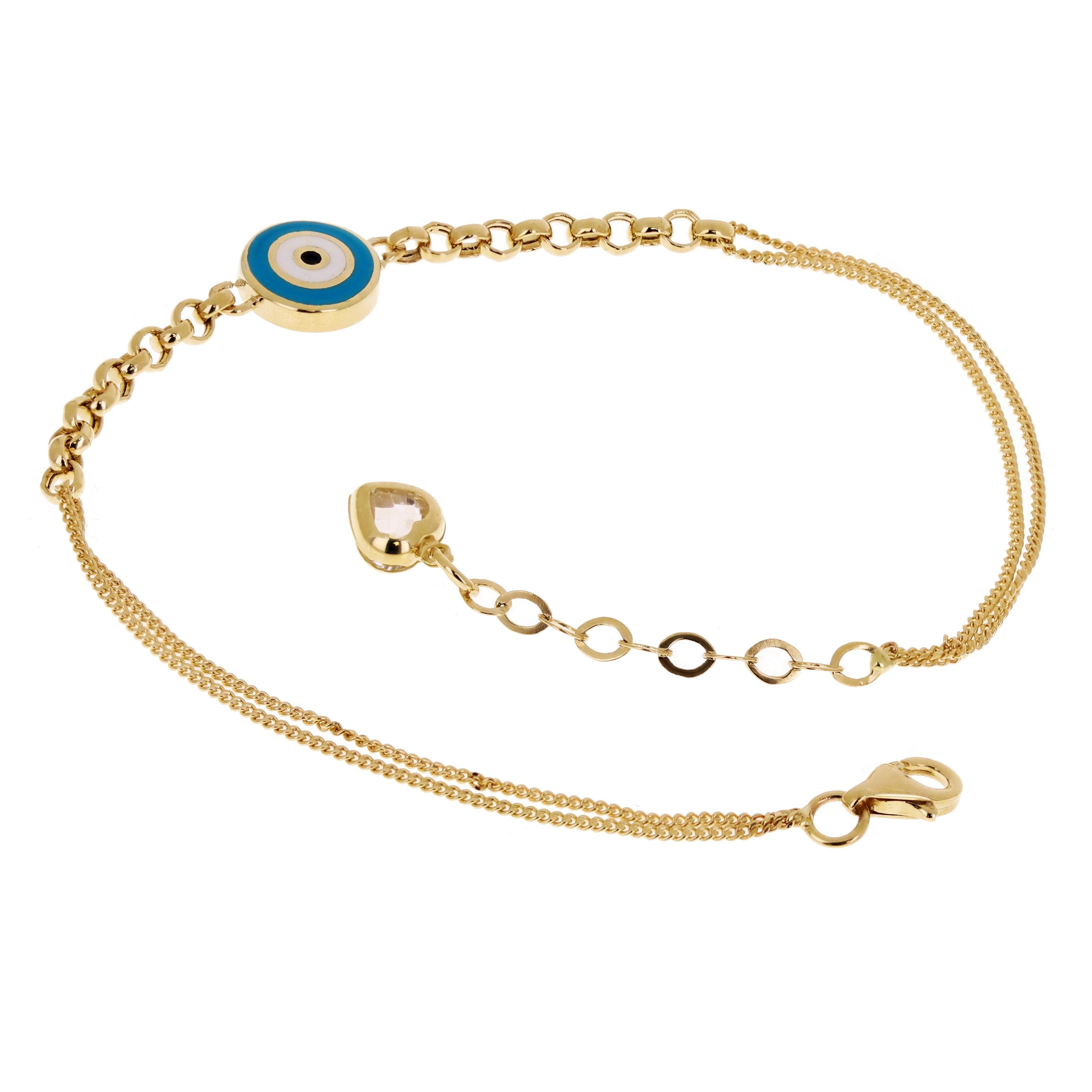 Italian 14k Yellow Gold Double Cuban Chain Evil Eye Charm Bracelet 7.5" 3 grams