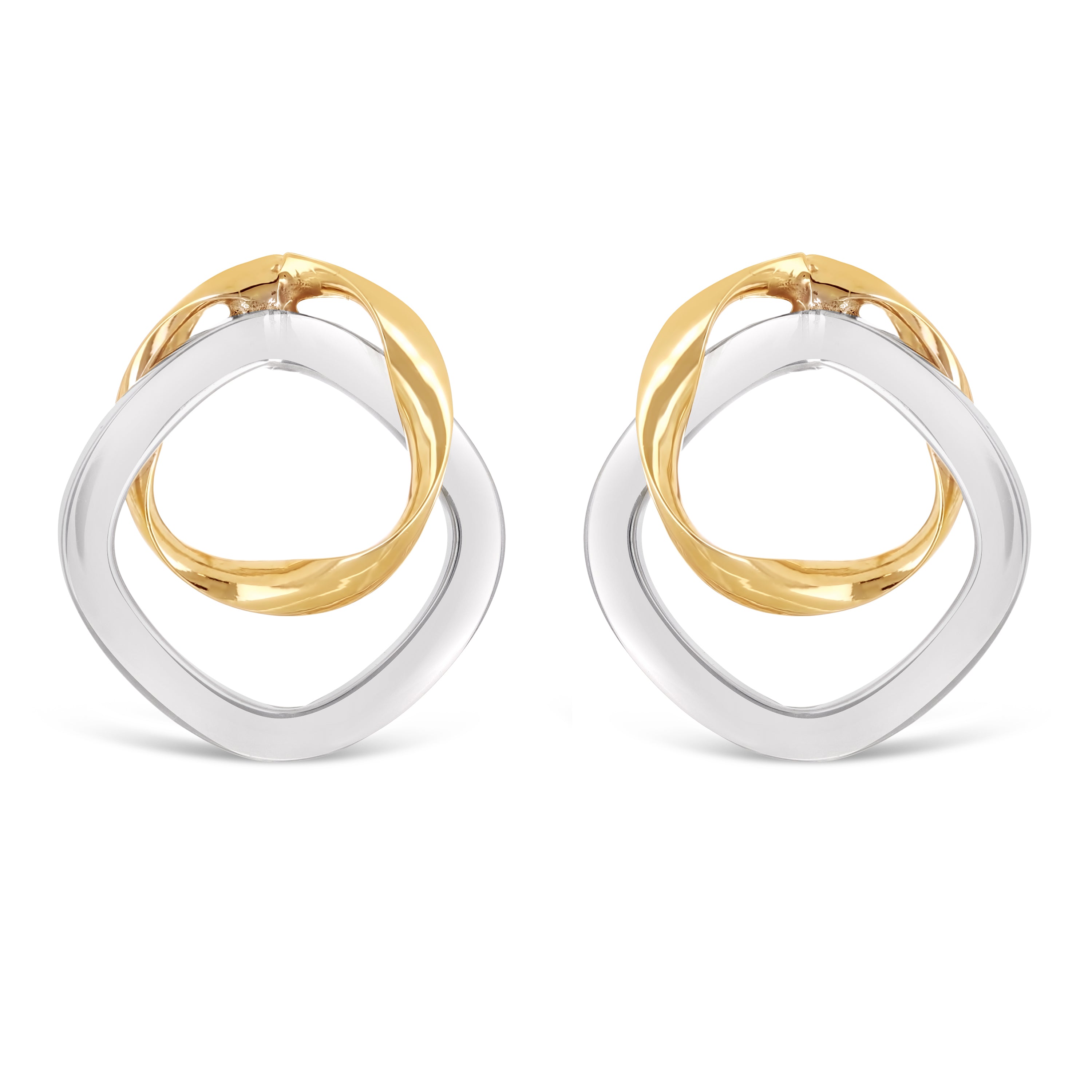 Italian 14k Yellow & White Gold Bright Shine Tubular Double Hoop Stud Earrings - Twisted Circle