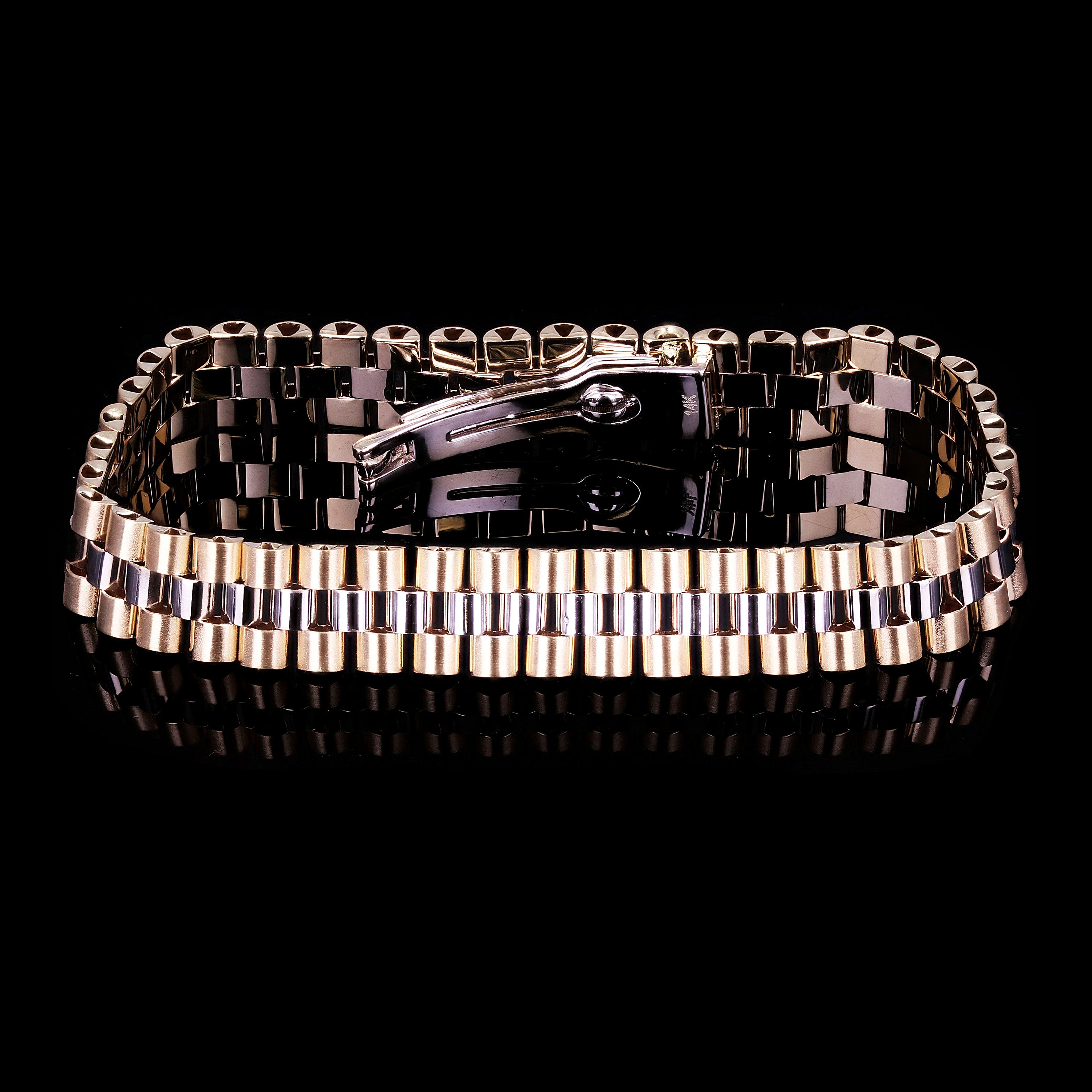 Italian Two- Tone 14k Yellow & White Gold Watch Link Bracelet 8" 11mm 27.8 grams - Yellow and White