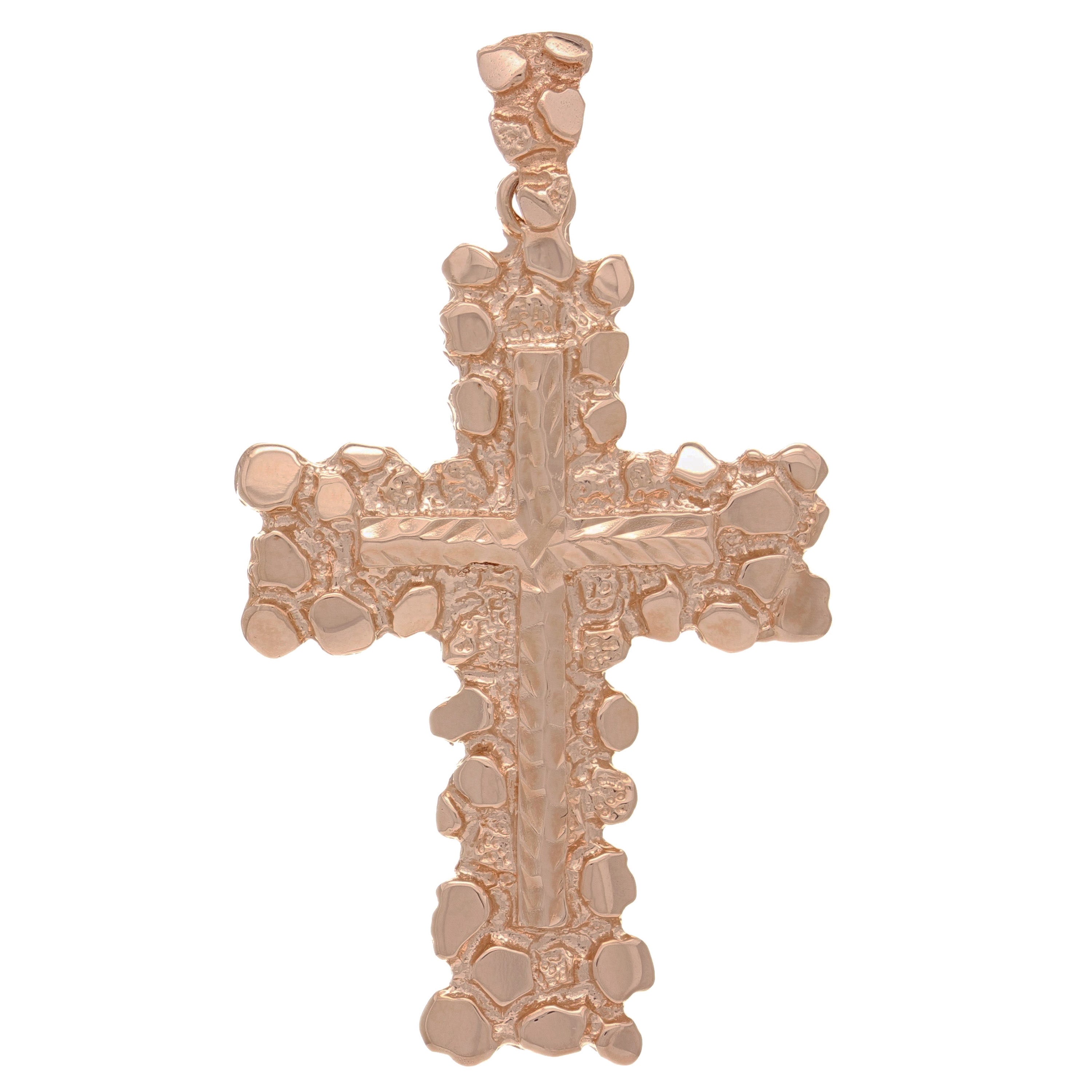 14k Rose Gold Diamond Cut Nugget Cross Pendant Religious Charm 2" 11.7 grams