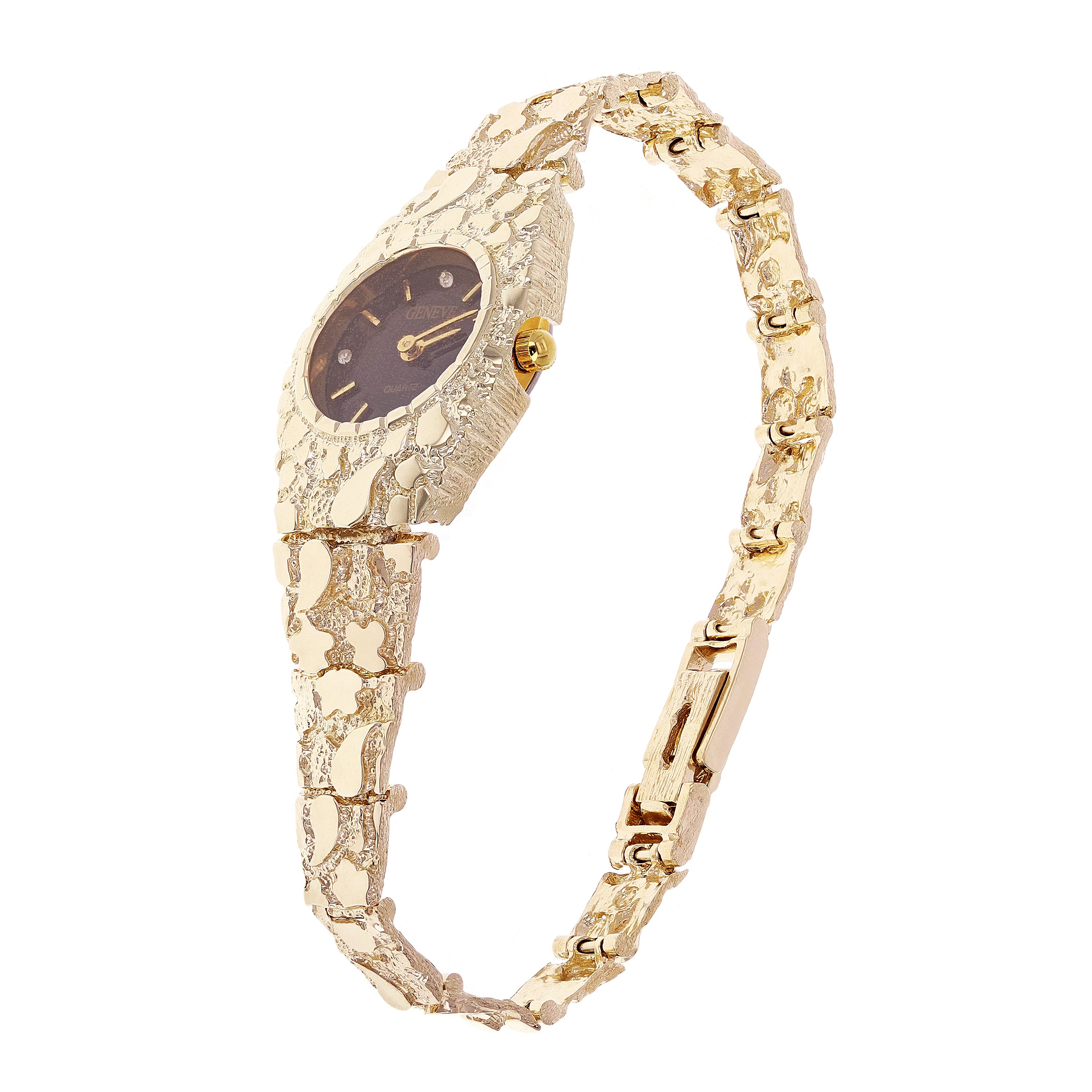 Women's 14k Yellow Gold Nugget Link Bracelet Geneve Wrist Watch with Diamonds 8"