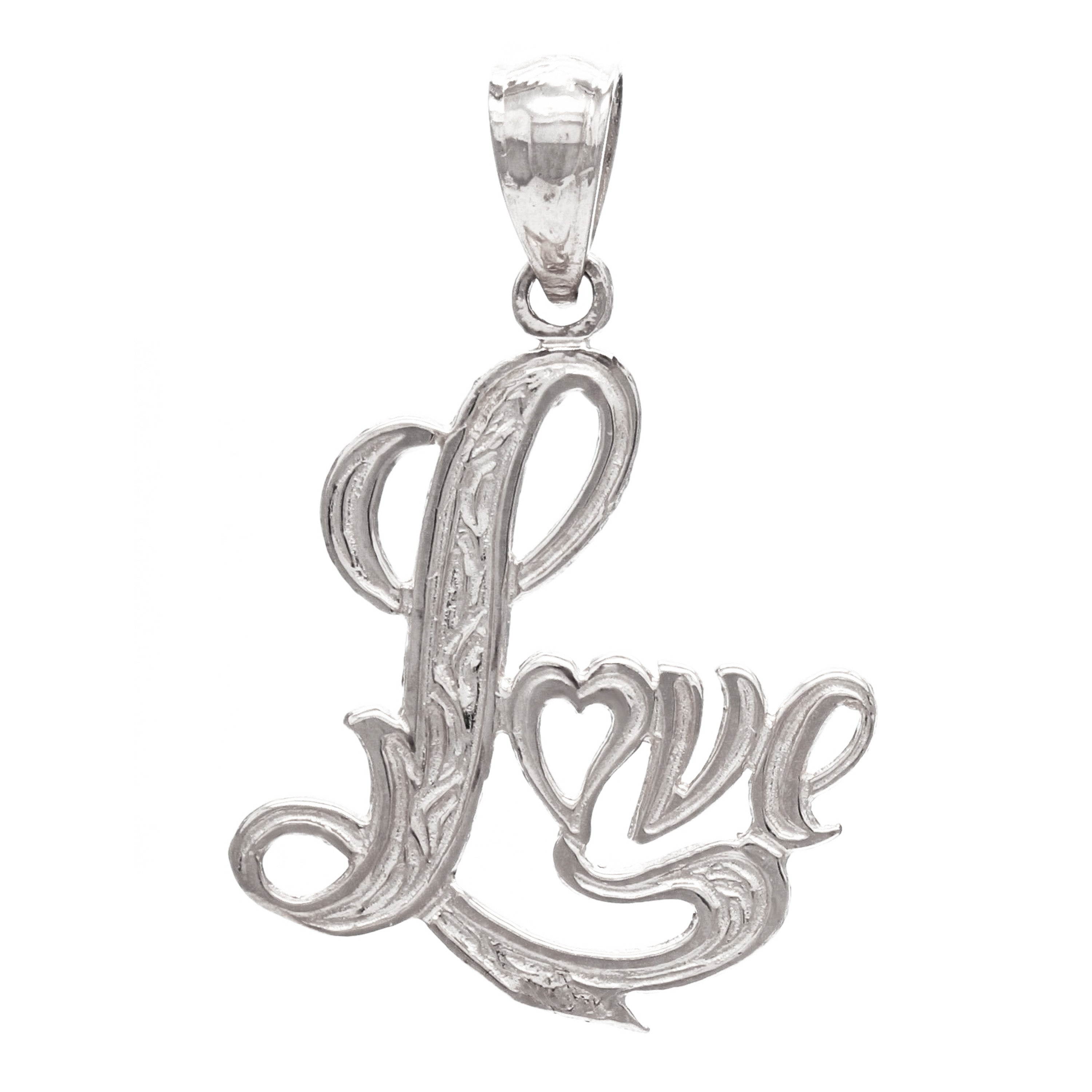 14k White Gold Solid Filigree Love Charm Pendant 1" 1.2gram - White