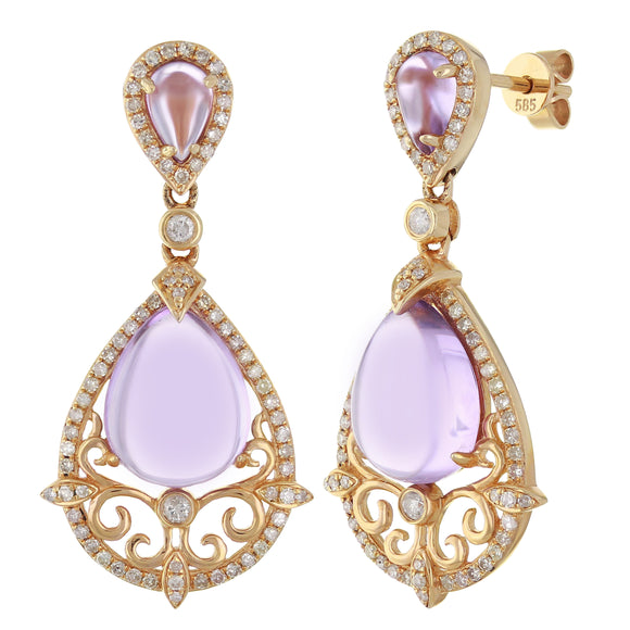 14k Rose Gold 0.70ctw Cabochon Amethyst & Diamond Pear Drop Vintage Earrings