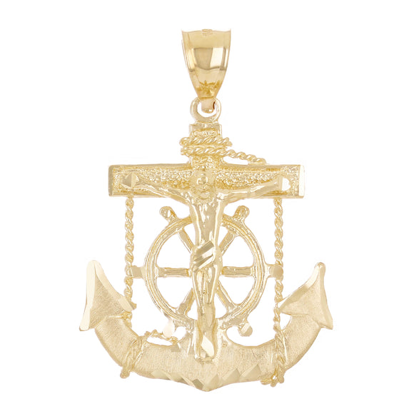14k Yellow Gold Jesus Christ  Cross Anchor Ship Mariners Pendant 1.5