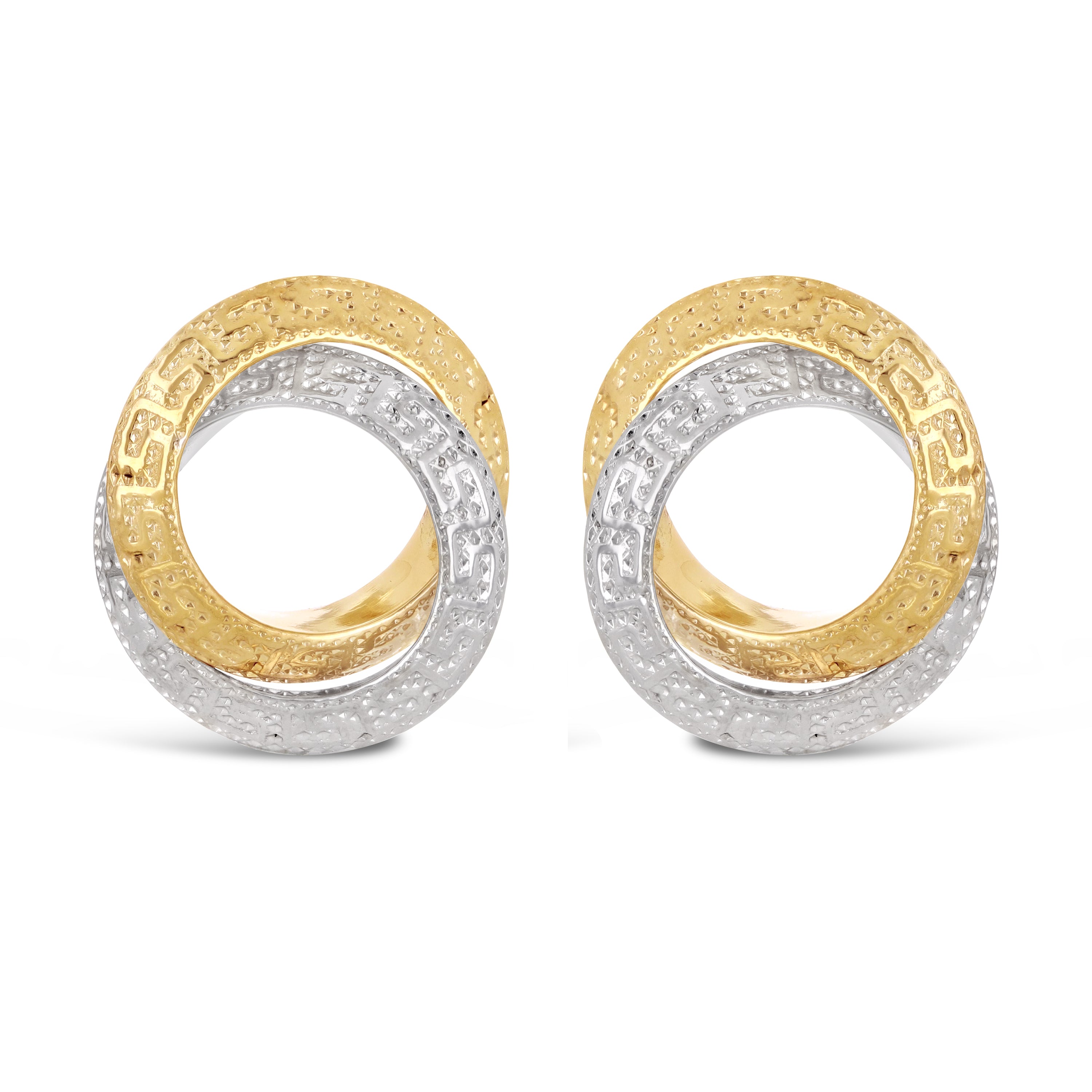 Italian 14k Yellow & White Gold Greek Key Textured Double Eternity Knot Earrings - Textured
