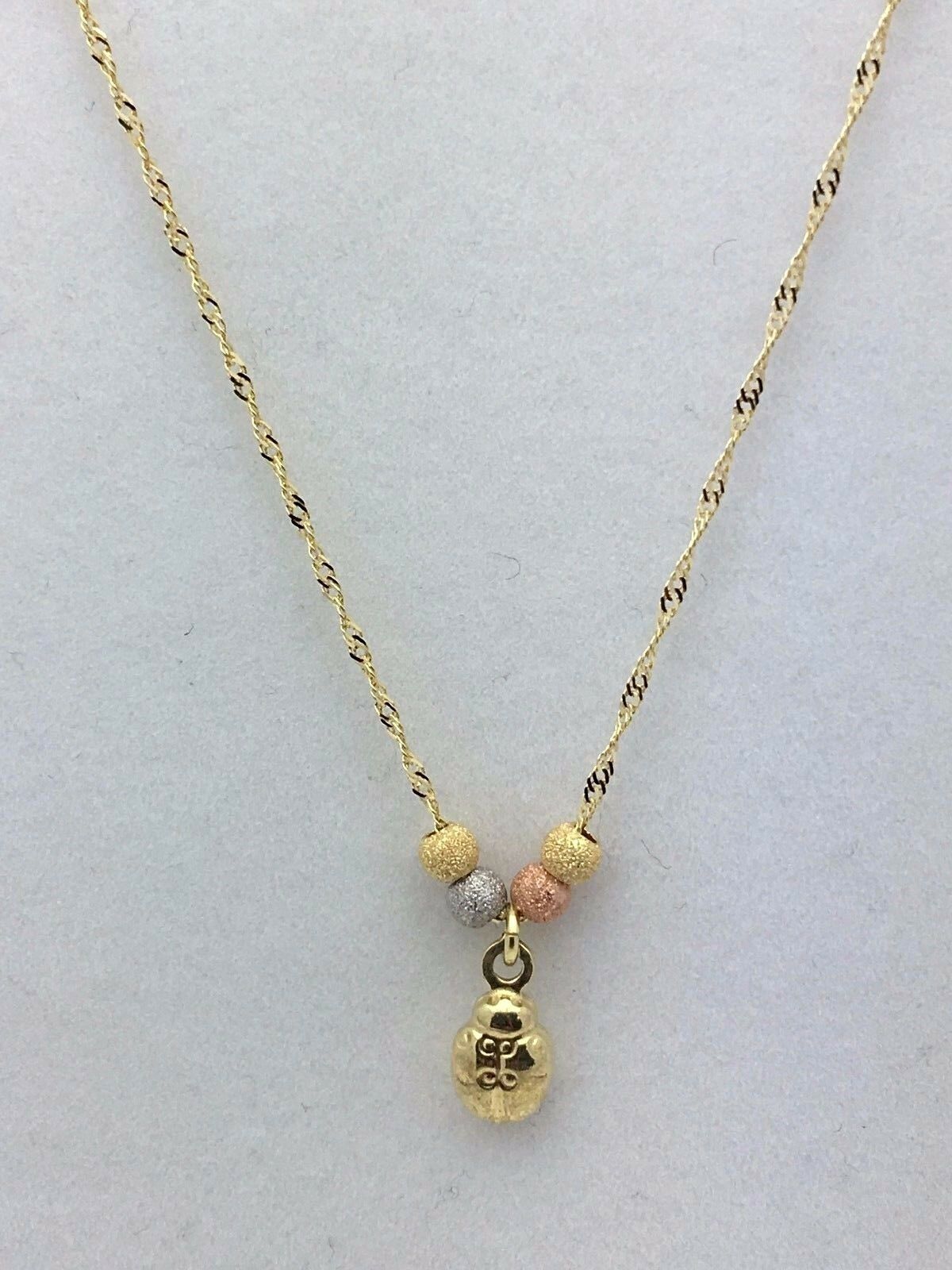 14k Tri Color Gold Ball Beads Lady Bug Charms Singapore Chain Necklace 17"