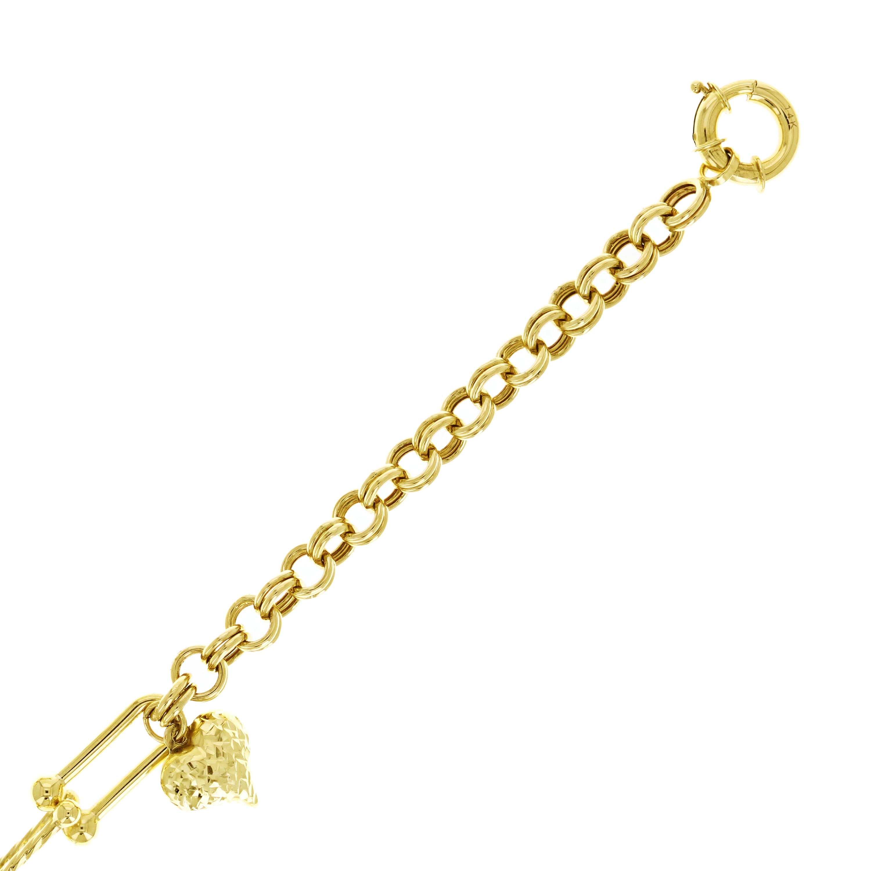 Italian 14k Yellow Gold Hollow U Link Rolo Heart Charm Bracelet 7.5" 6.3 grams