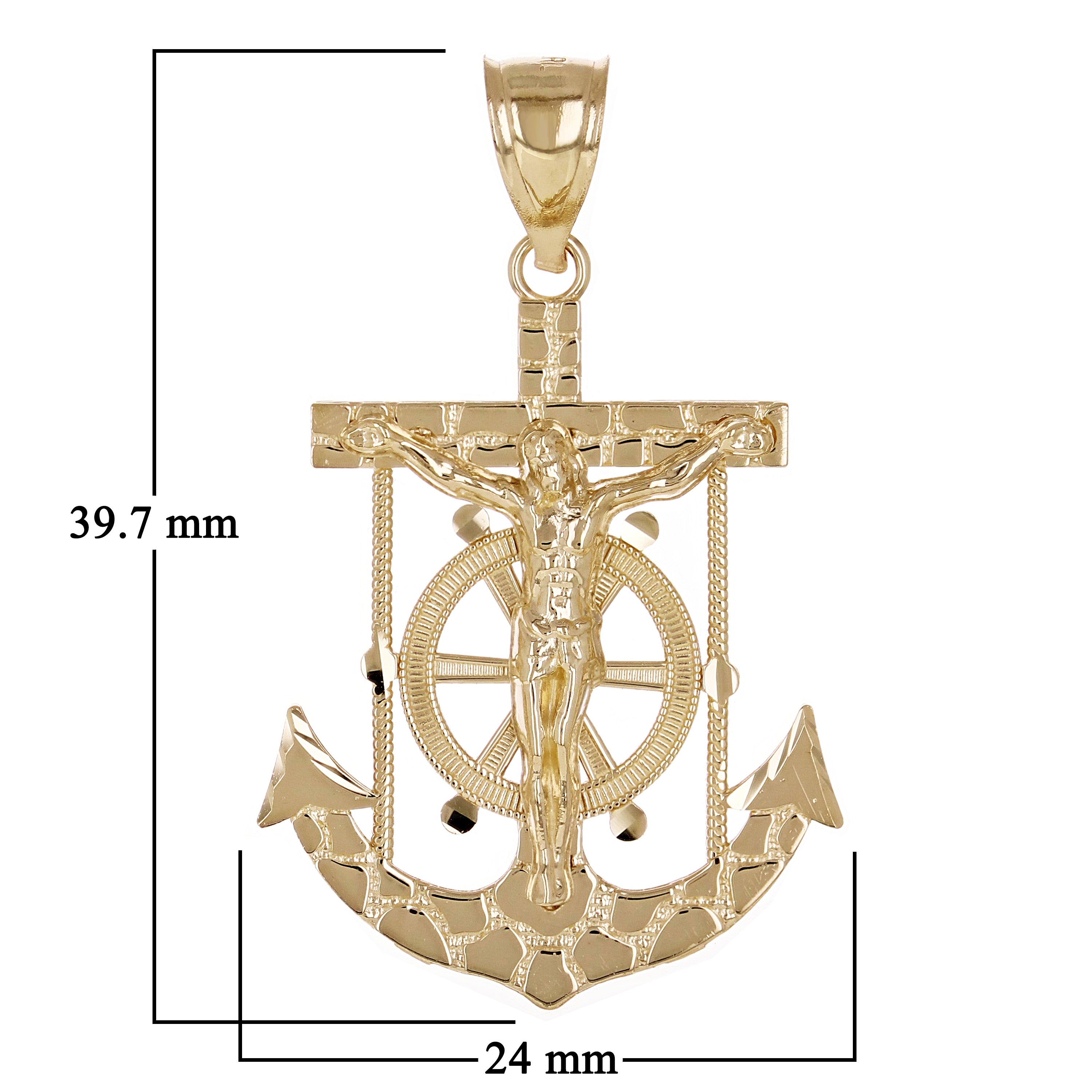 14k Yellow Gold Jesus Christ Crucifix Nugget Anchor Ship Mariners Pendant 1.6"