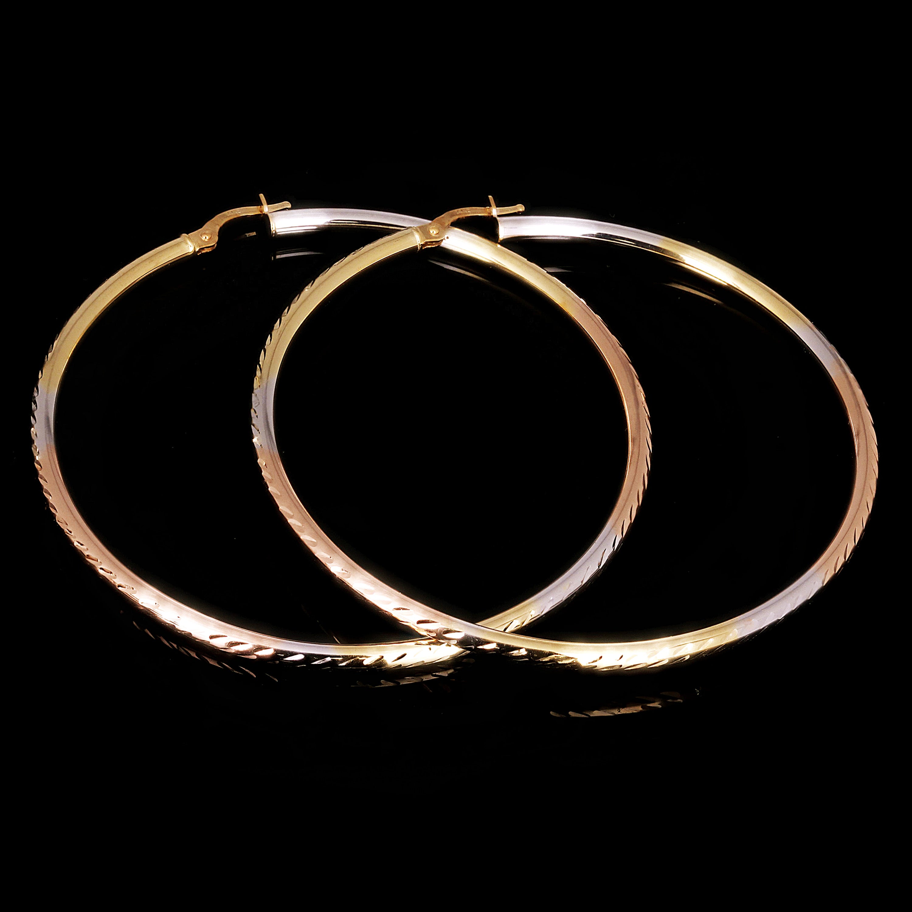 14k Tri Color Gold Diamond Cut Round Hoop Earrings 2.3" 2.5mm 3.6 grams