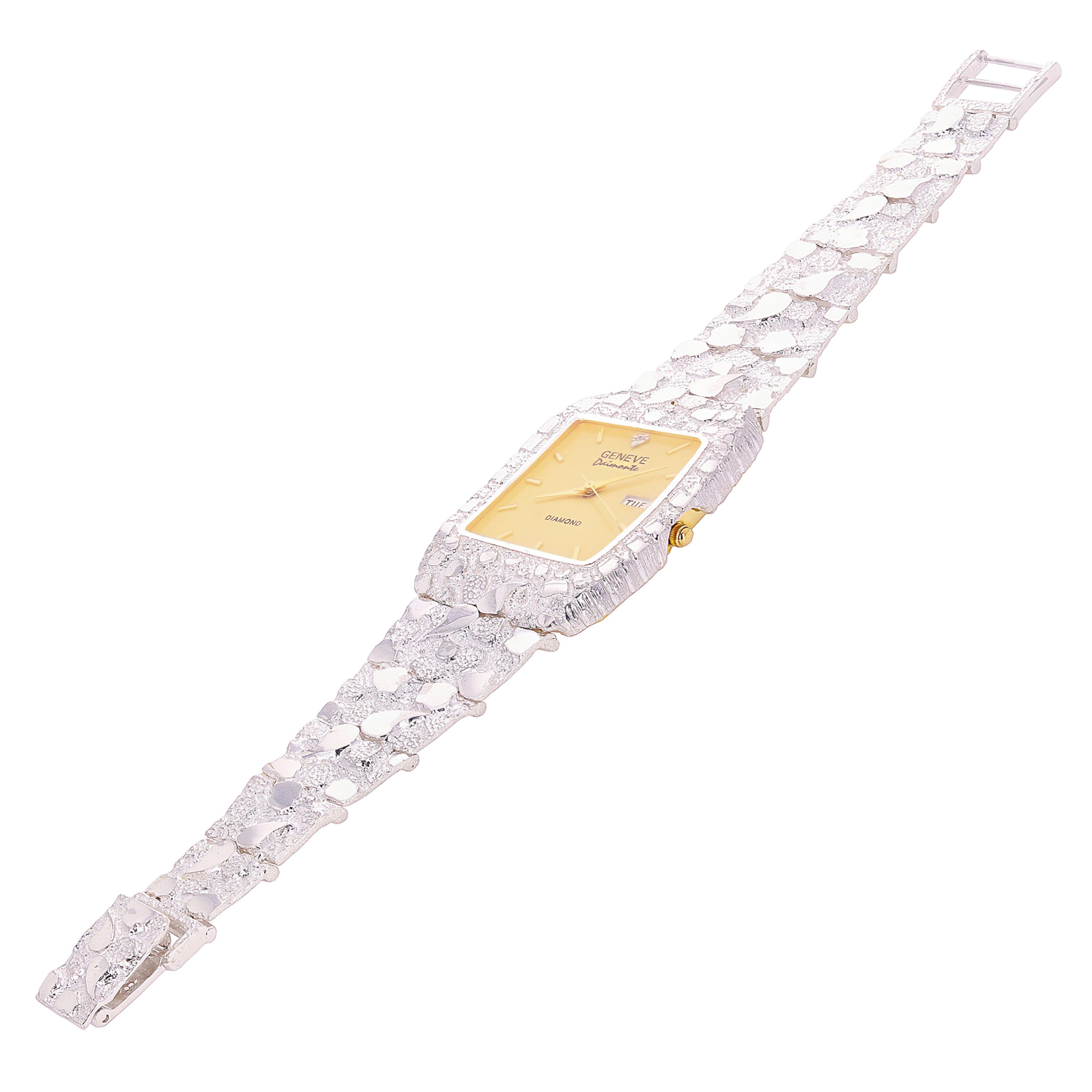 925 Sterling Silver Nugget Band Bracelet Geneve with Diamond Watch 7-7.5" 44g - 7.5" 44 grams
