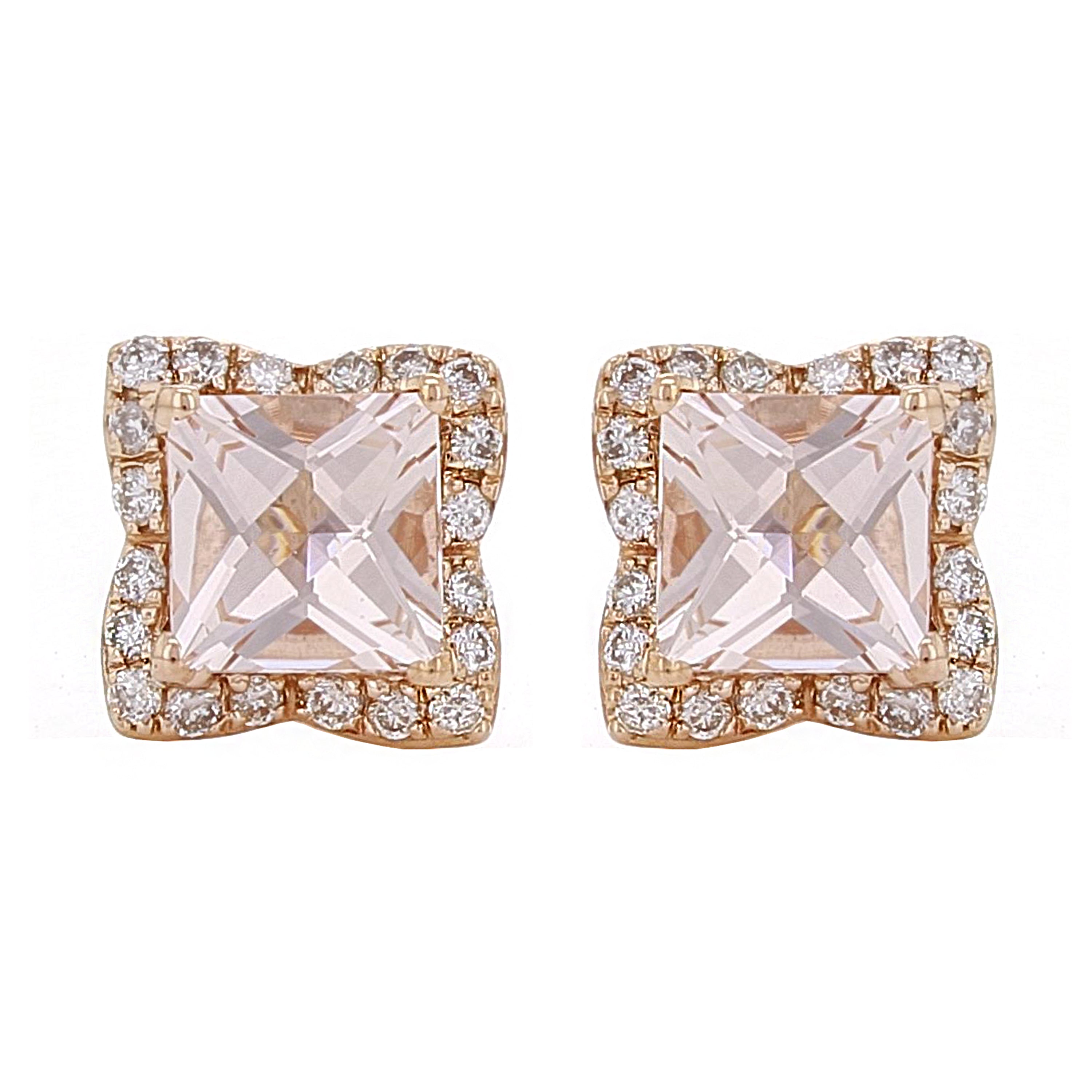 14k Rose Gold 0.20ctw Morganite & Diamond Vintage Halo Square Stud Earrings