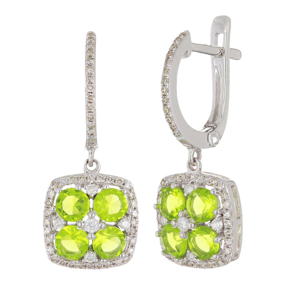 14k White Gold 0.40ctw Peridot & Diamond Huggie Hoop Dangle Earrings