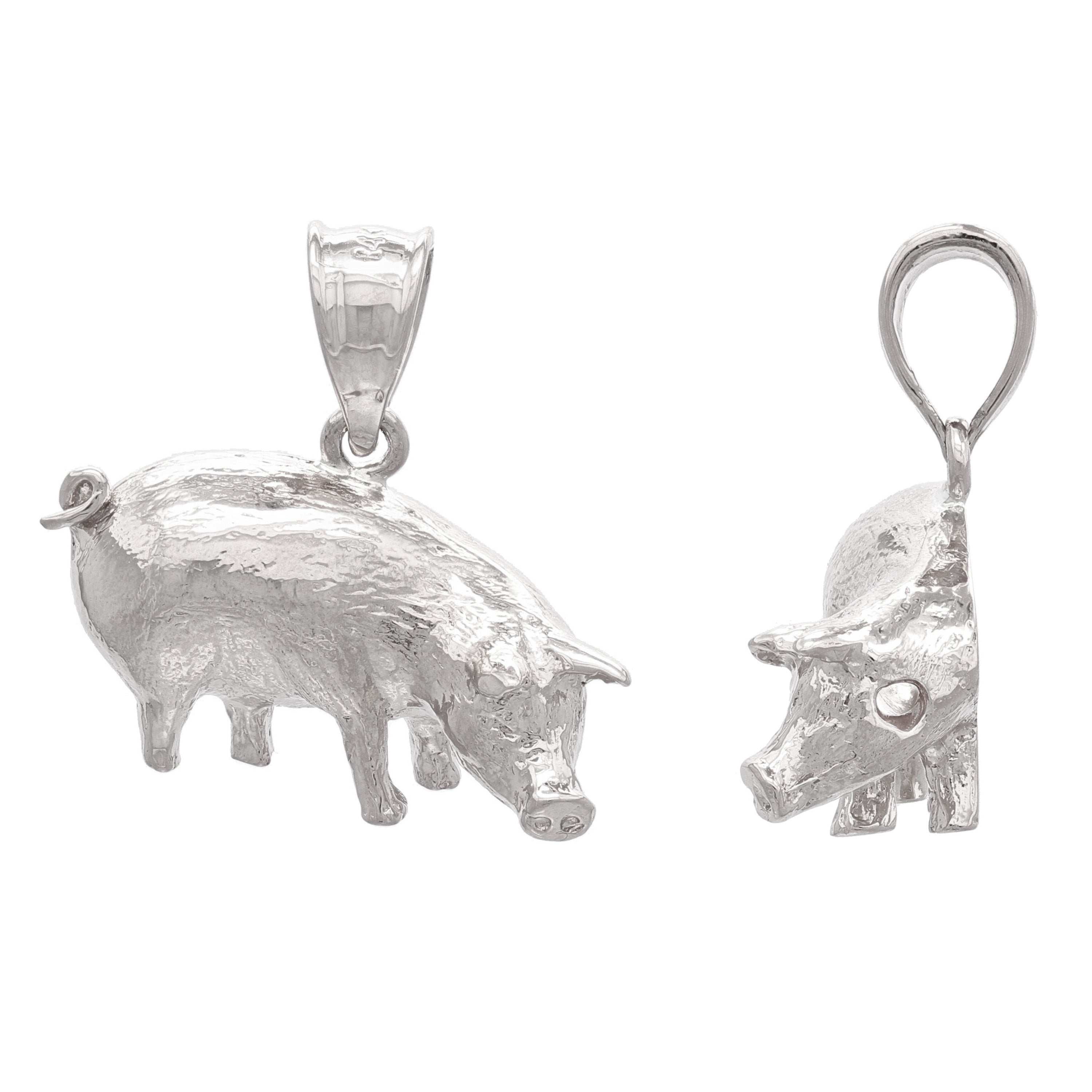 14k White Gold Textured Pig Artisan Charm Pendant - White