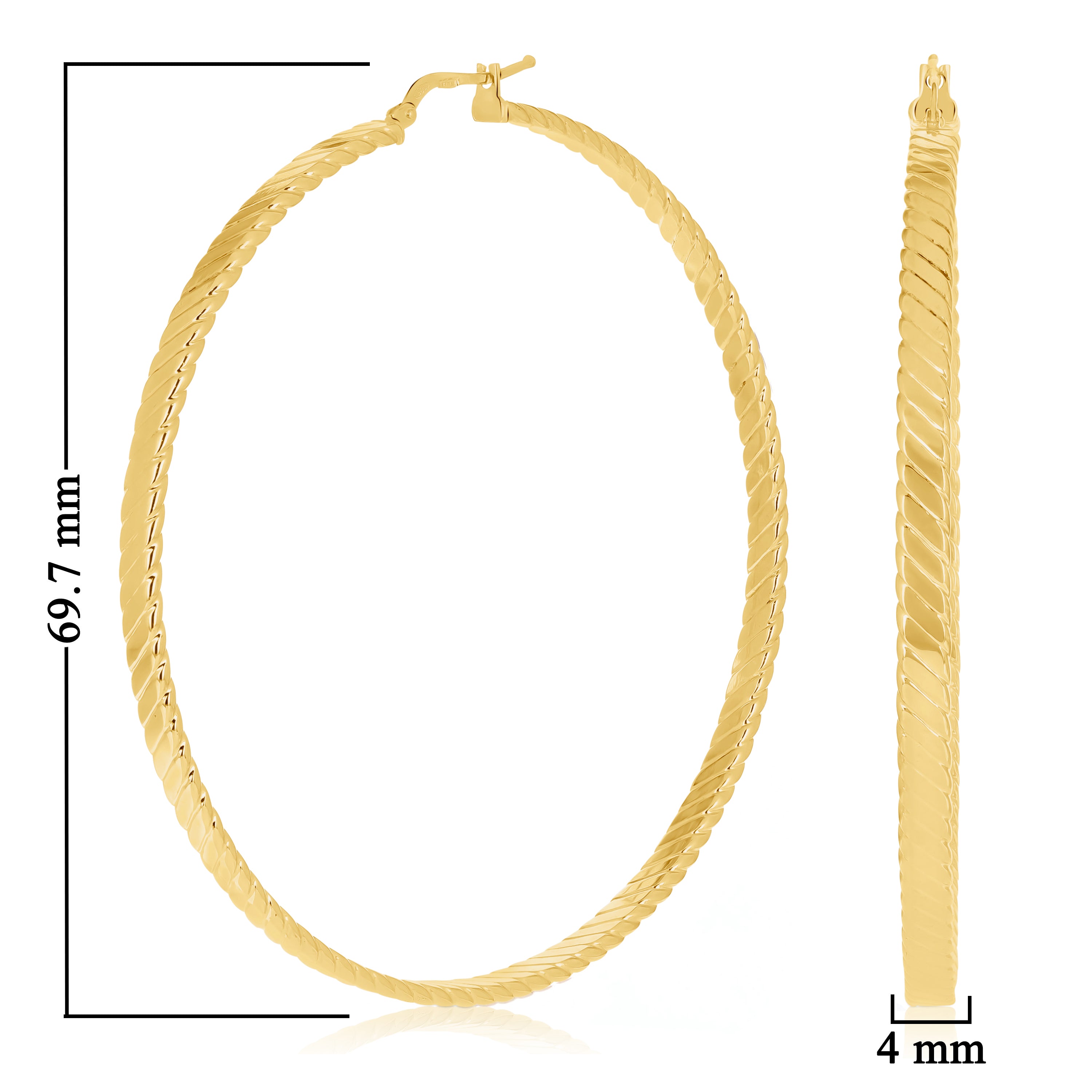 Italian 14k Yellow Gold Line Textured Hollow Hoop Loop Earrings 2.7" 4mm 7.6g