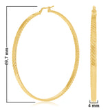 Italian 14k Yellow Gold Line Textured Hollow Hoop Loop Earrings 2.7" 4mm 7.6g