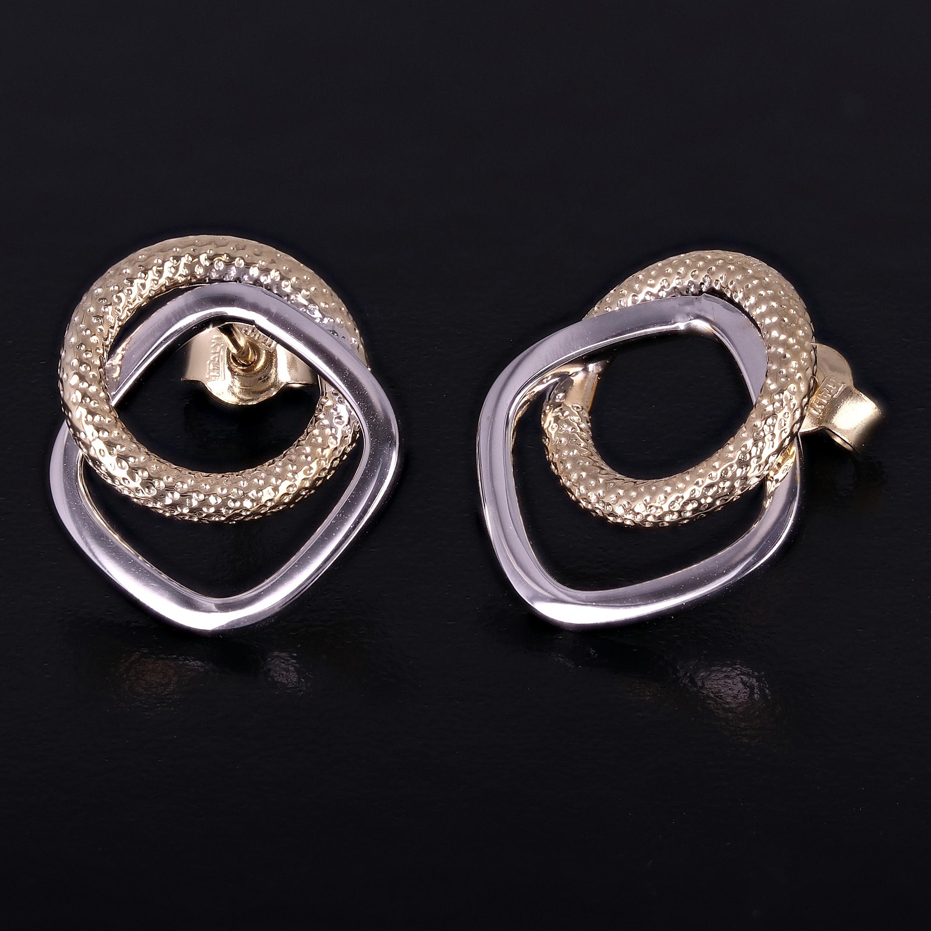 Italian 14k Yellow & White Gold Tube Eternity Circle Square Hoop Stud Earrings - Eternity Tubular