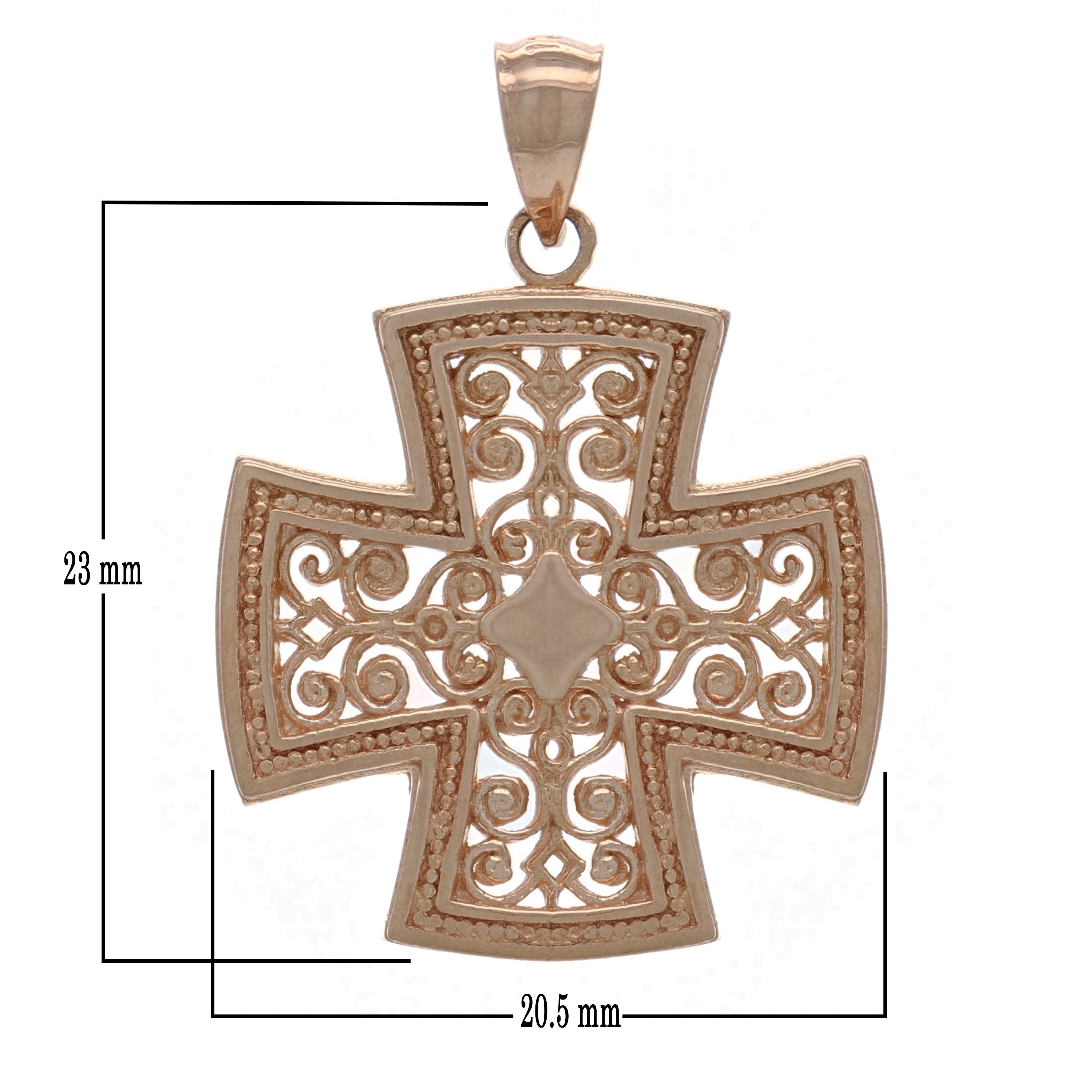 14k Rose Gold Filigree Religious Cross Pendant - Rose