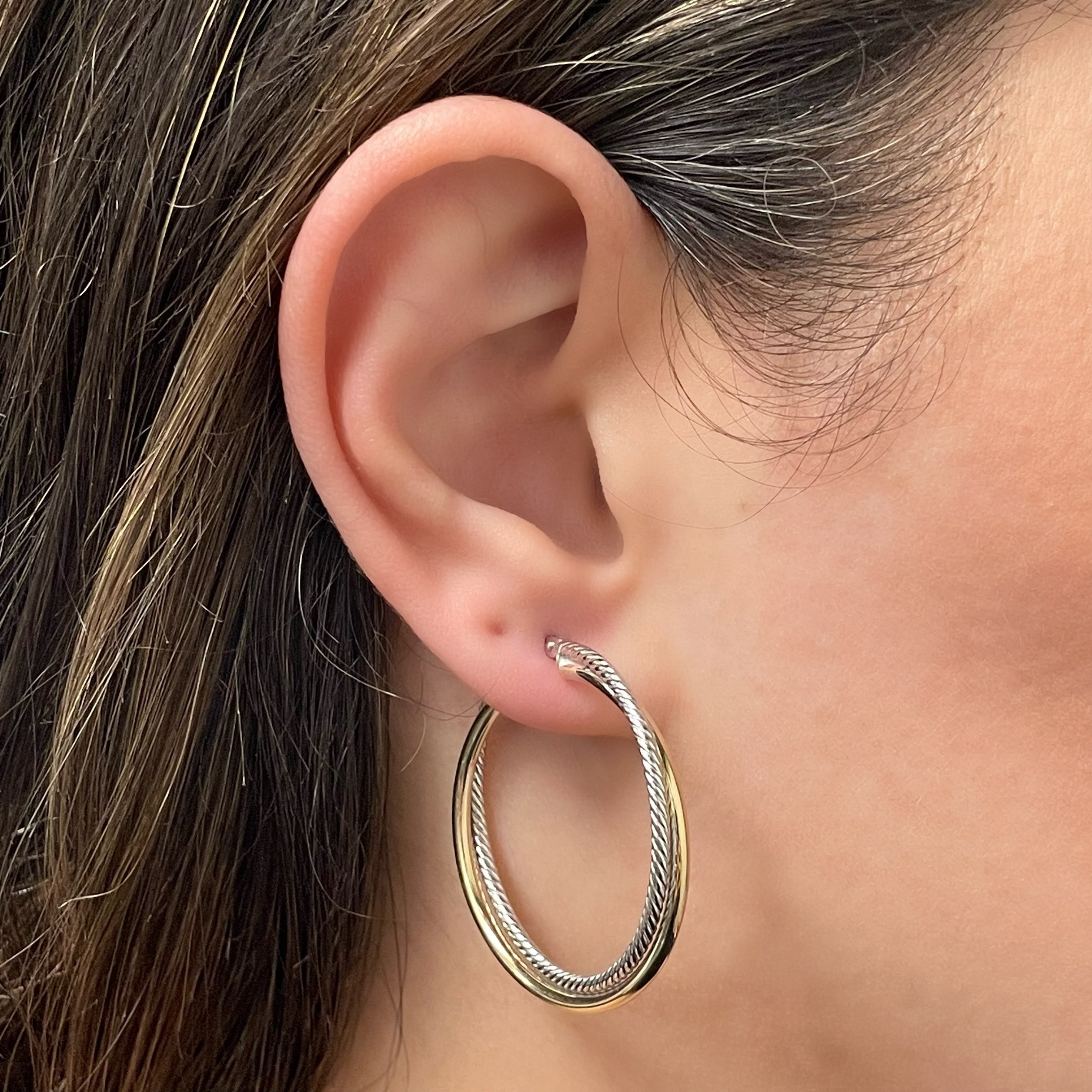 Italian 14k Yellow & White Gold Plain&Twisted Hoop Earrings 1.5" 3.8mm 3.1 grams