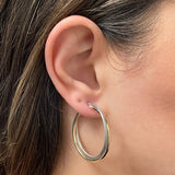 Italian 14k Yellow & White Gold Plain&Twisted Hoop Earrings 1.5" 3.8mm 3.1 grams