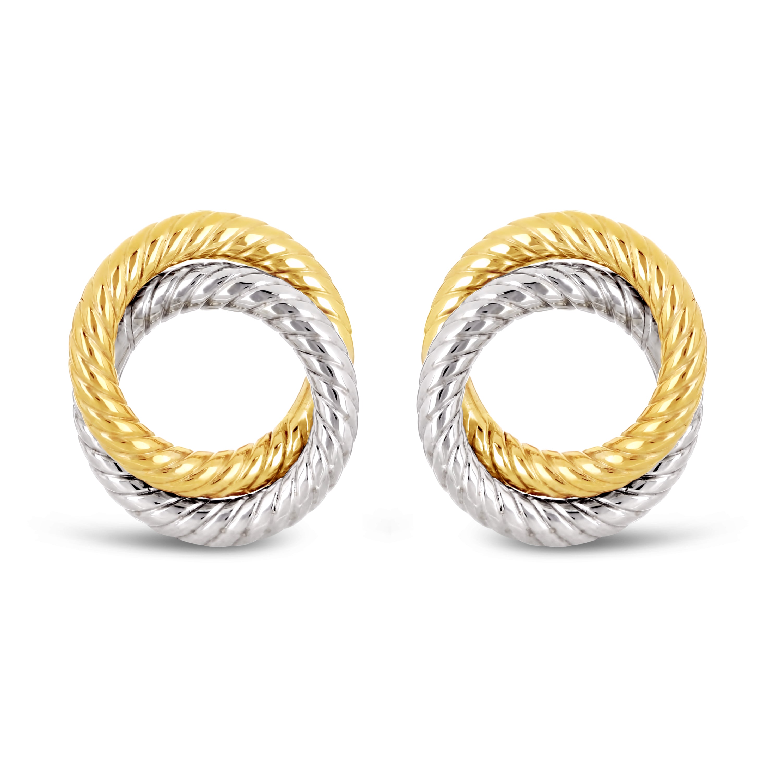 Italian 14k Yellow & White Gold Small Rope Double Eternity Circle Stud Earrings - Two-Tone Double Circle
