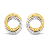 Italian 14k Yellow & White Gold Small Rope Double Eternity Circle Stud Earrings - Two-Tone Double Circle