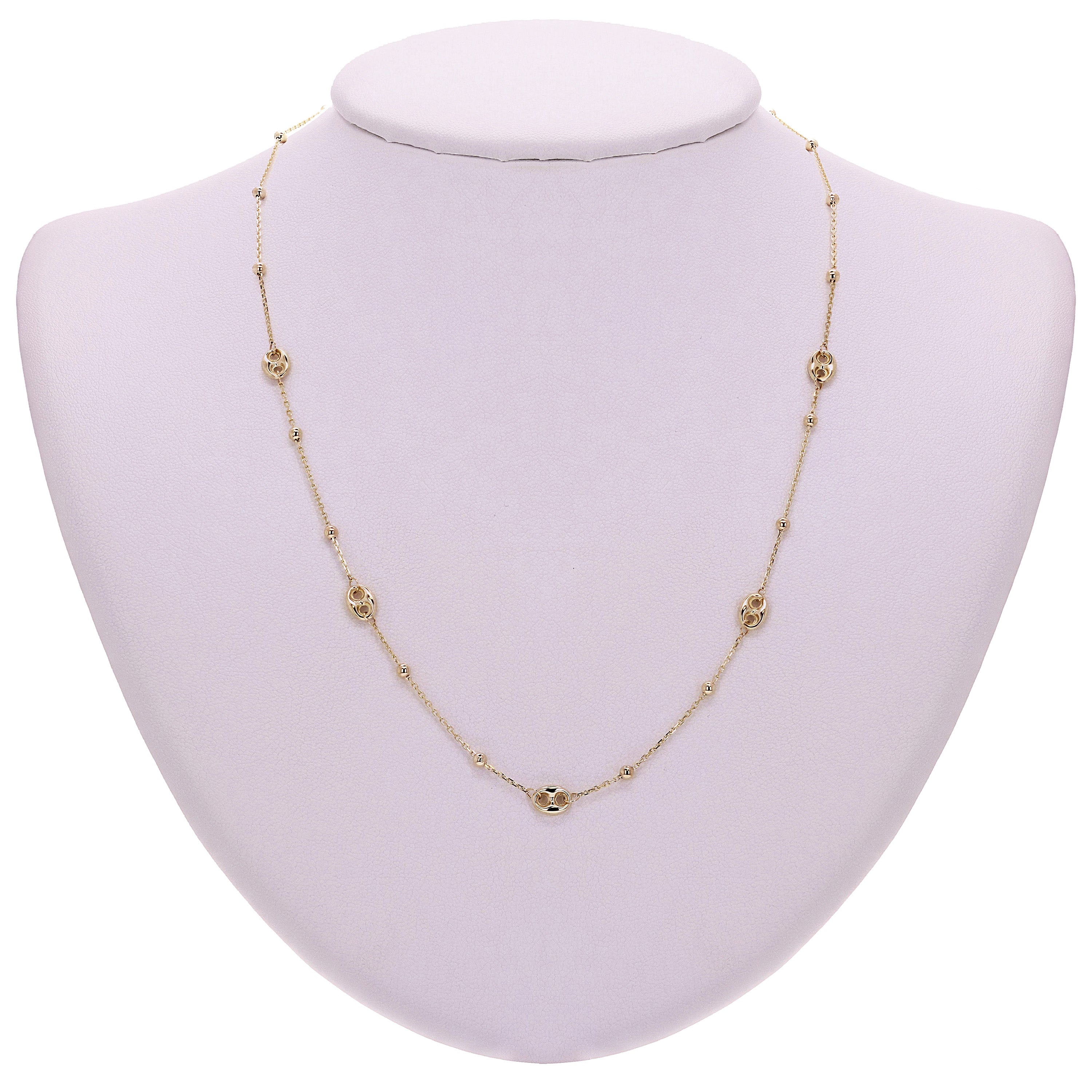 Italian 14k Yellow Gold Ball Bead Puff Charm Anchor Chain Station Necklace 18" 3.2 grams