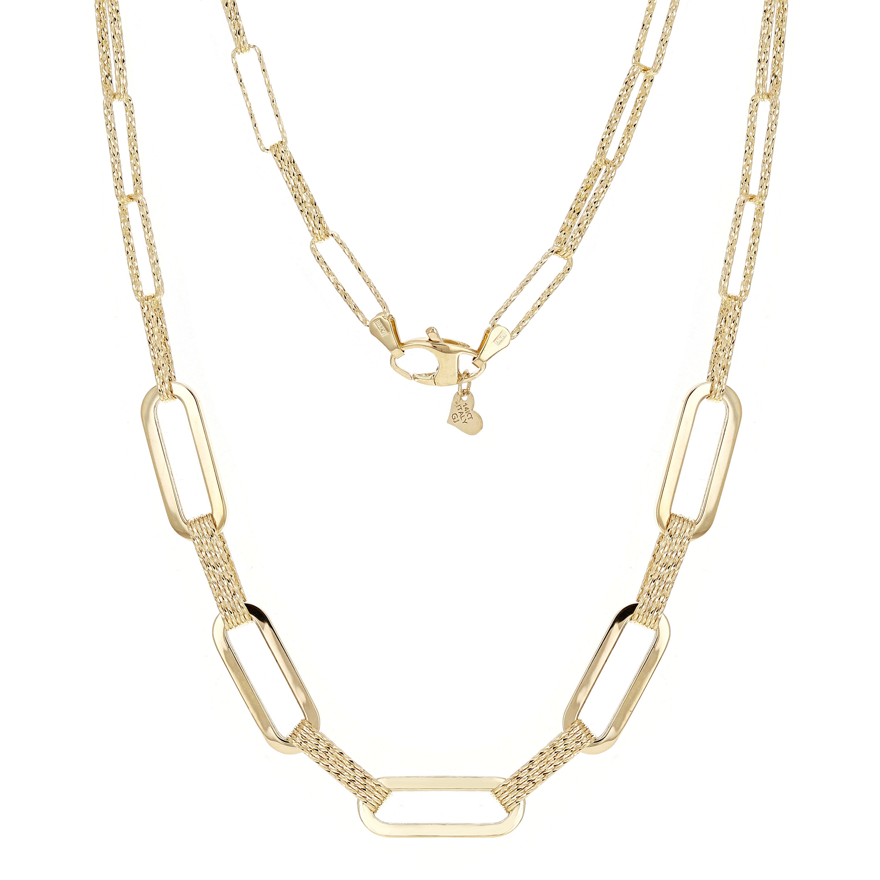 Italian 14k Yellow Gold Paper Clip Link Necklace, Bracelet & Earrings Set 27.2 grams