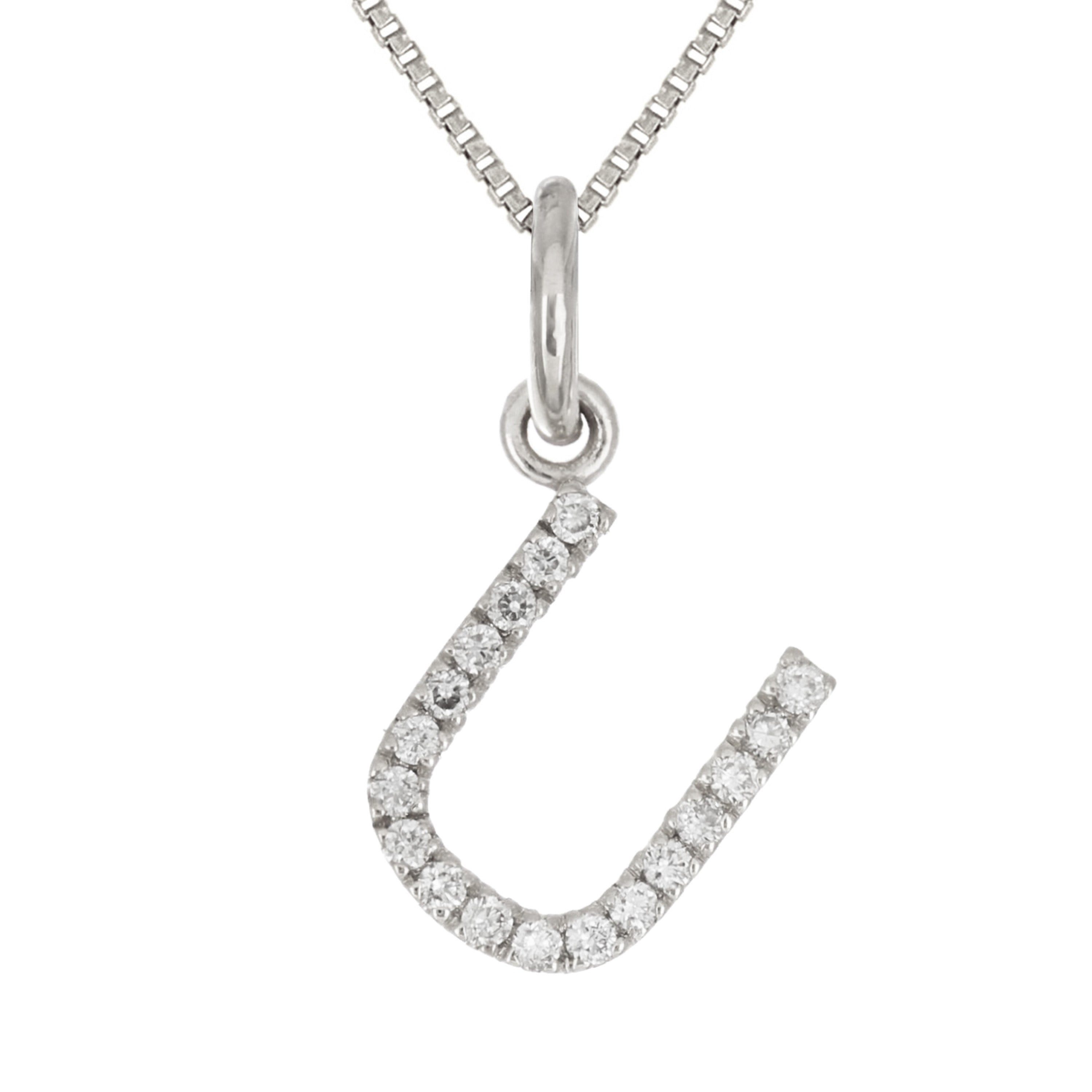 14k White Gold Diamond Initial Letter U Charm Pendant Necklace 18" - Letter U,White