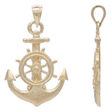 14k Yellow Gold Anchor and Ship Wheel Nautical Textured Charm Pendant - Yellow