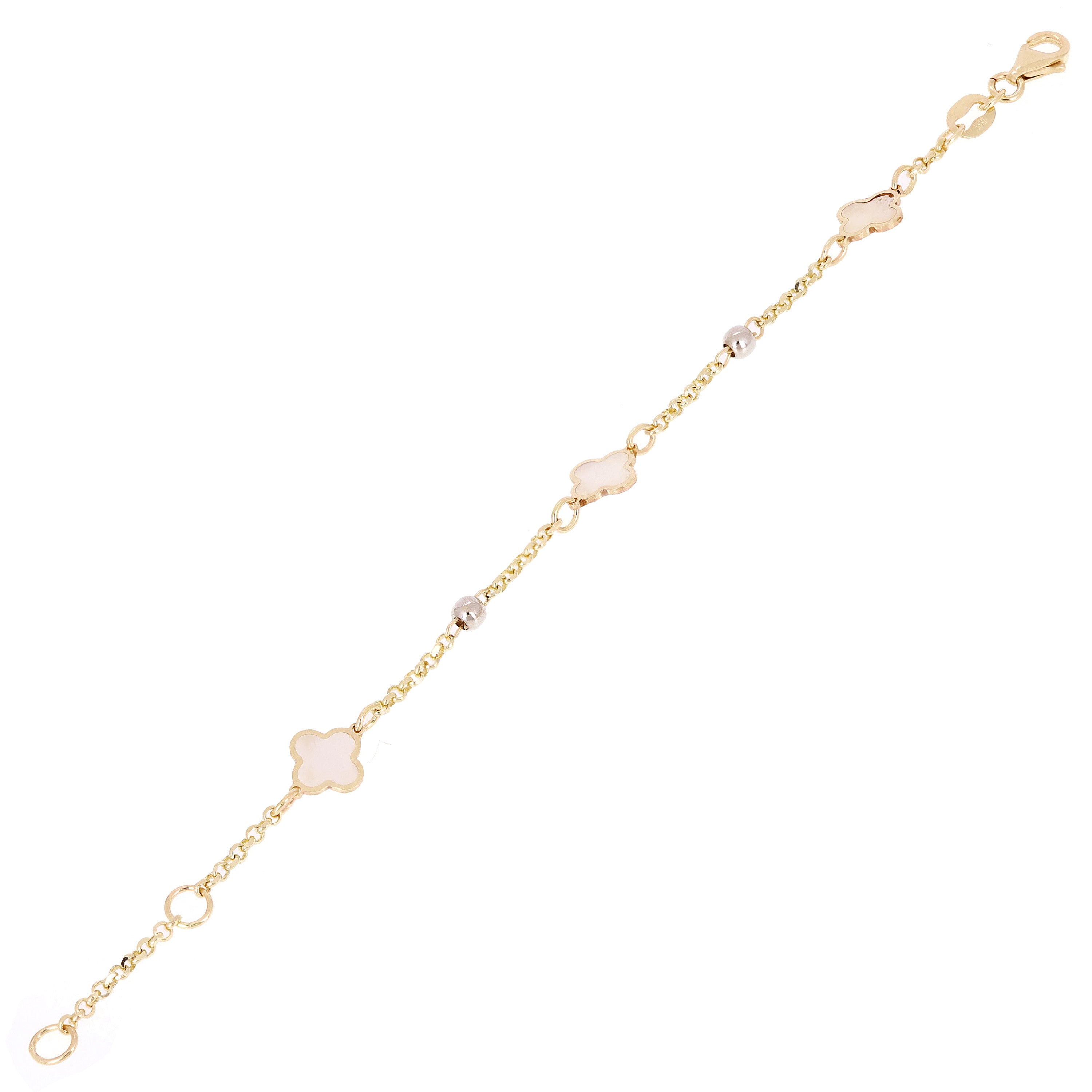 Italian 14k Yellow & White Gold Pearl Clover Leaf Station Bracelet 7" 2 grams