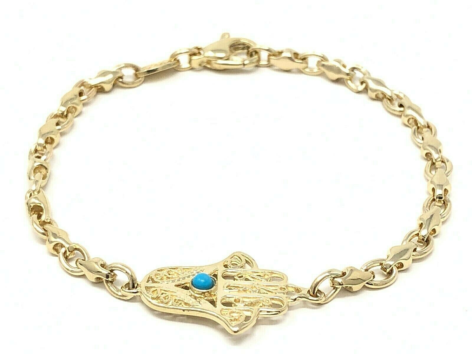 14k Yellow Gold Hamsa Hand of Fatima Charm Bracelet with Turquoise 7" 9.7 grams
