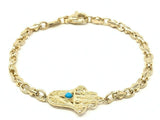14k Yellow Gold Hamsa Hand of Fatima Charm Bracelet with Turquoise 7" 9.7 grams