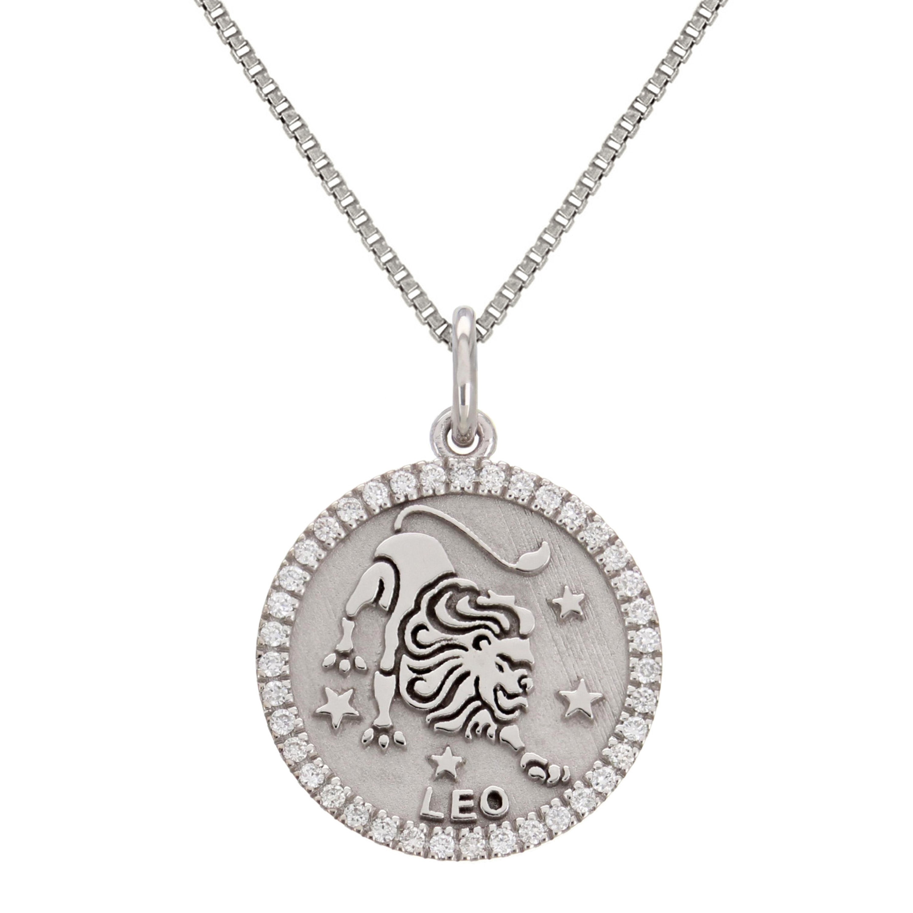 14k White Gold Diamond Zodiac Sign Leo Pendant Necklace 18" - Leo,White