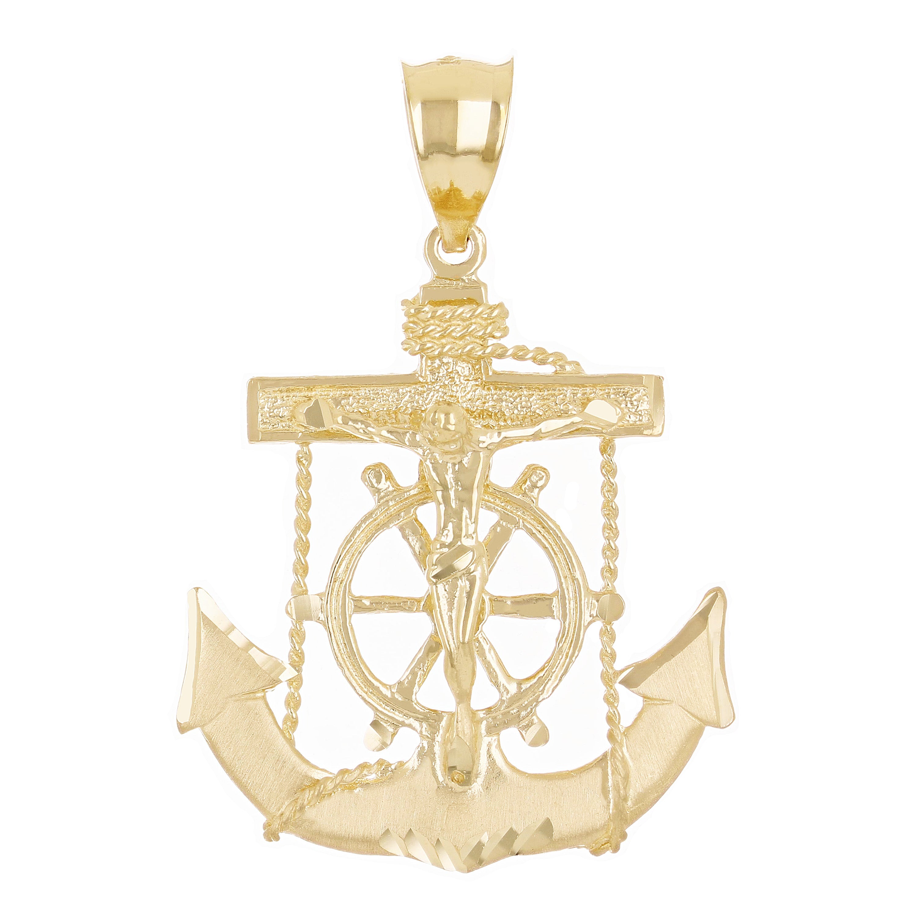 14k Yellow Gold Jesus Christ  Cross Anchor Ship Mariners Pendant 1.8" 6.2 grams