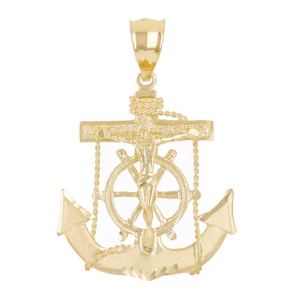 14k Yellow Gold Jesus Christ  Cross Anchor Ship Mariners Pendant 1.8